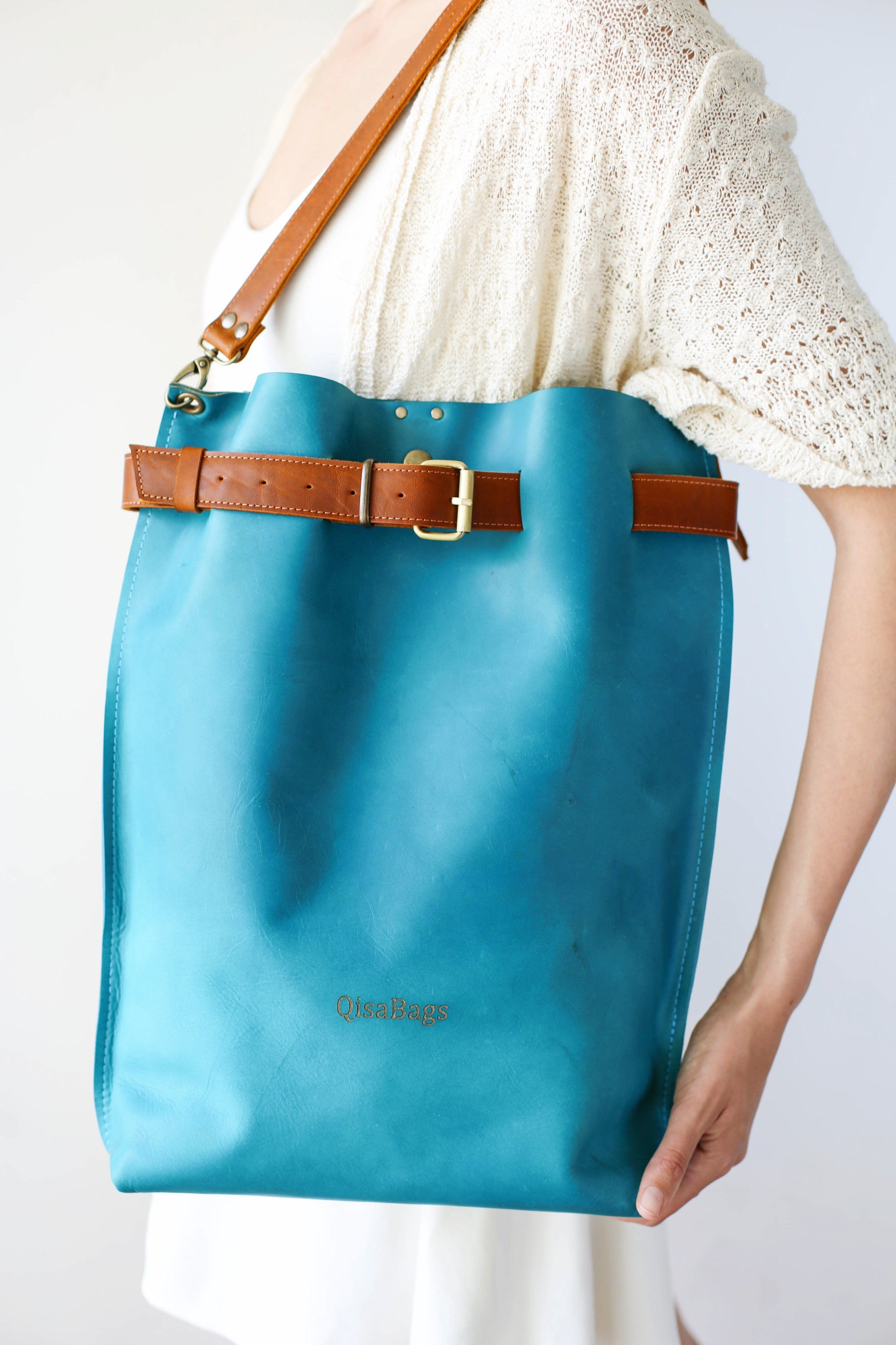 Sky Blue w/Brown Large Leather Backpack