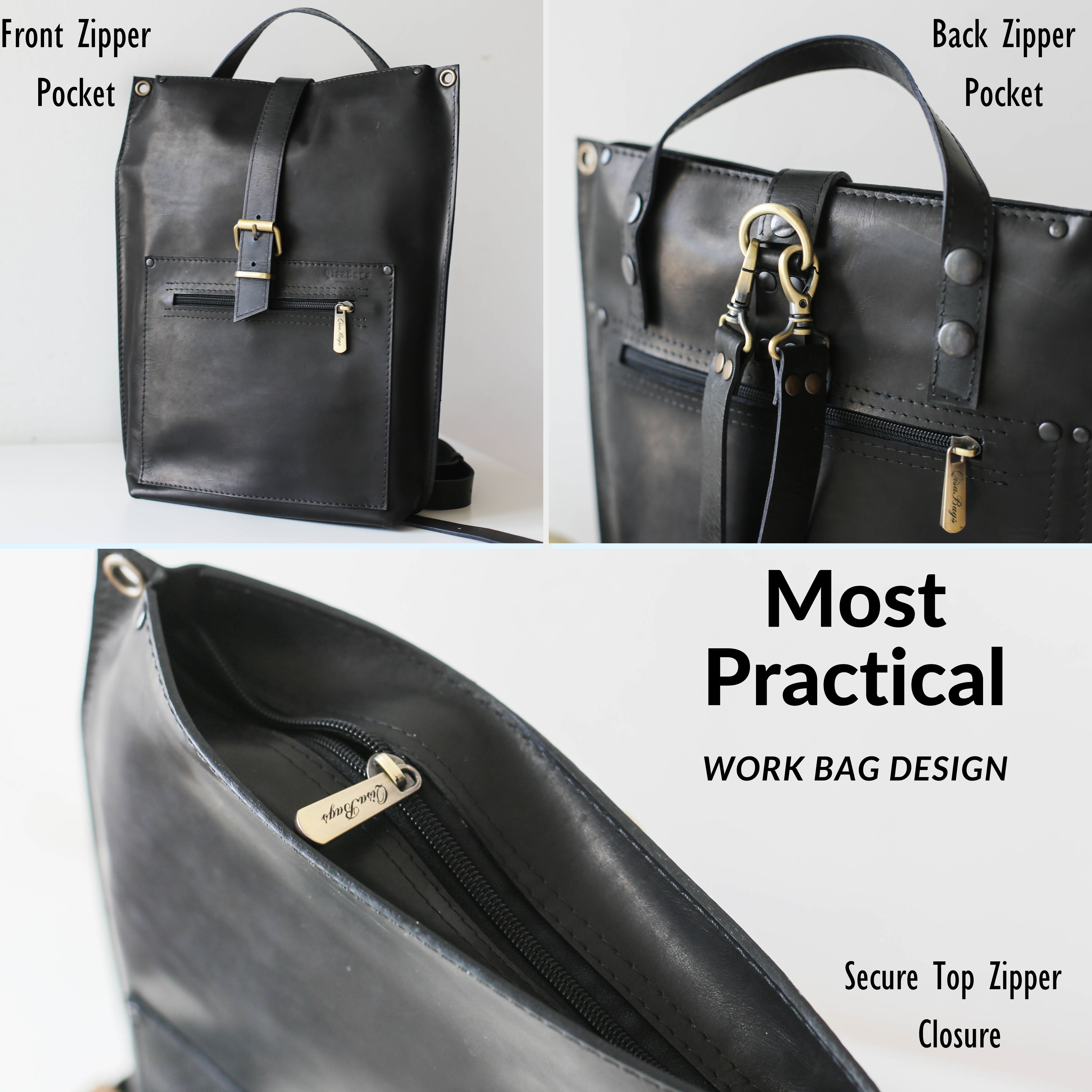 Black Dual Leather Laptop Backpack w/Zipper - Buckle Edition