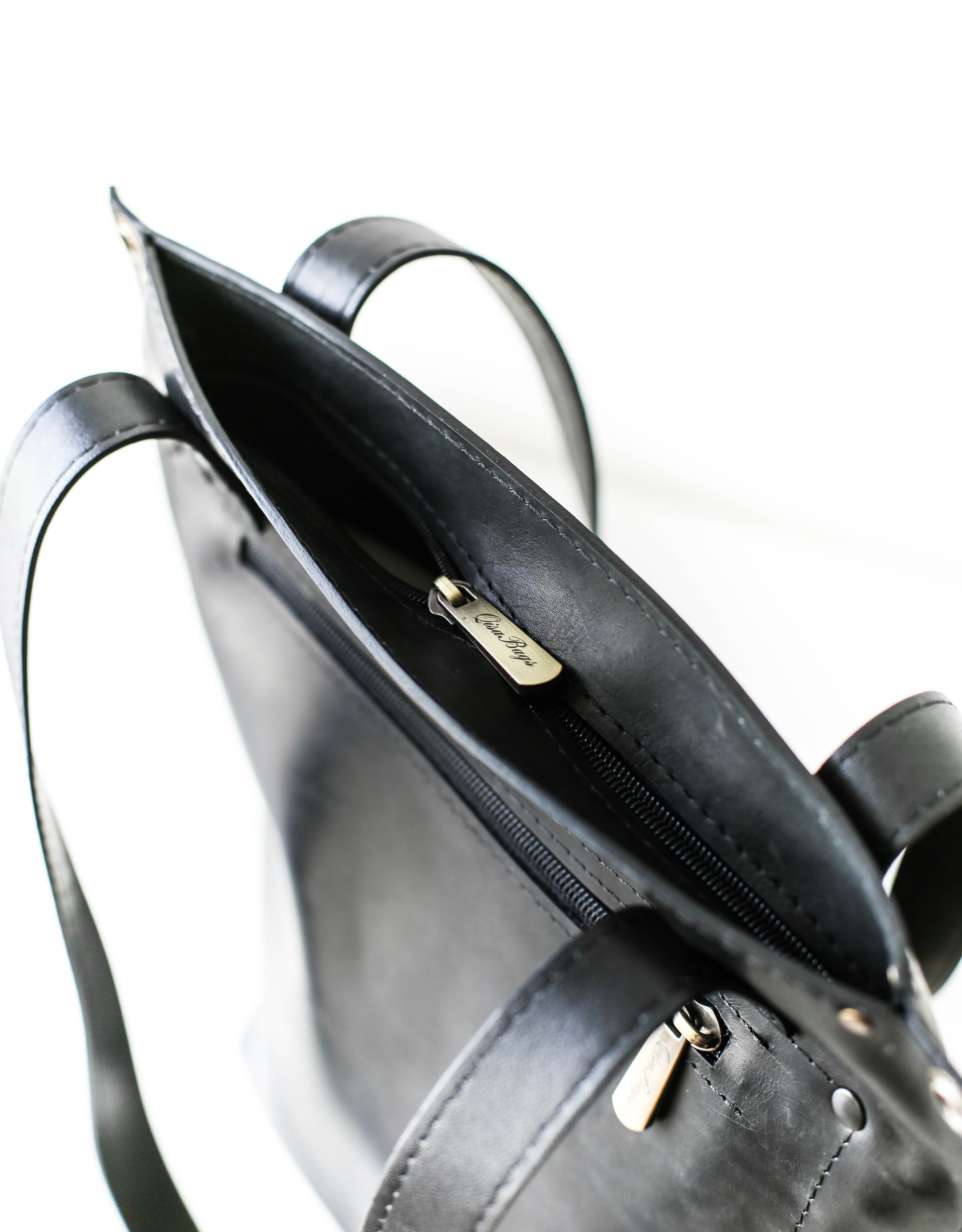 Black Zip Top Leather Tote Bag