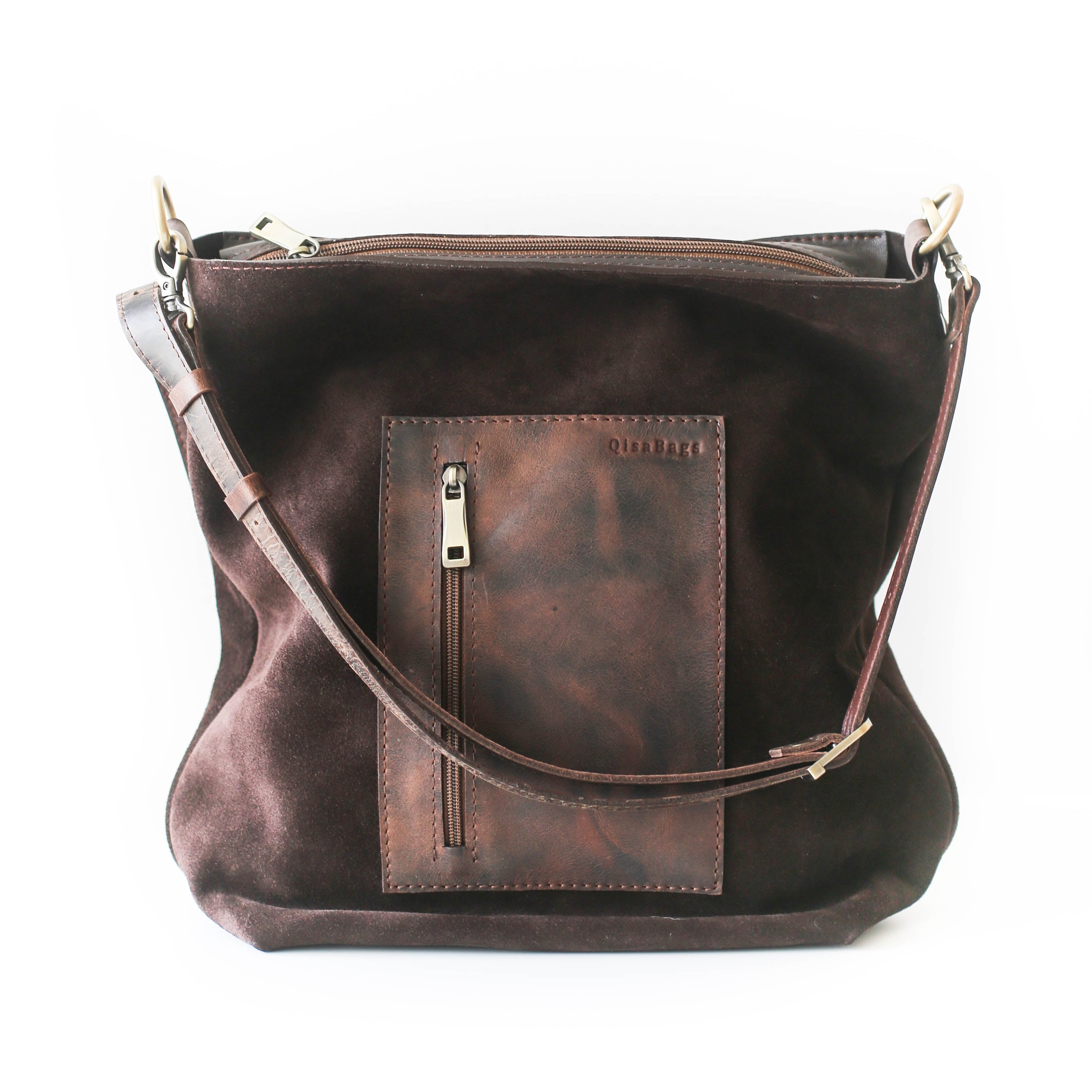 brown suede hobo bag