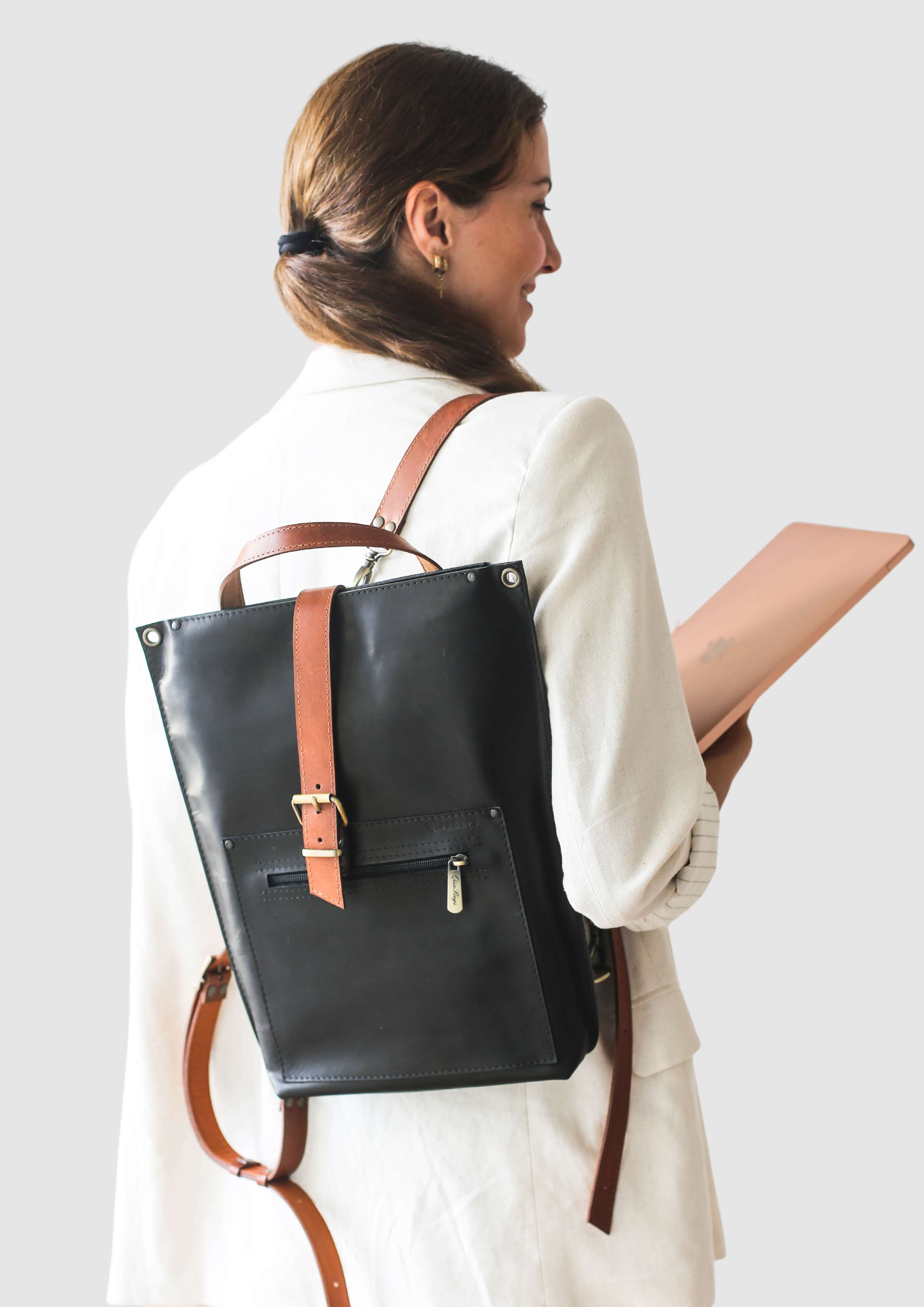 Women's Black leather backpack purse