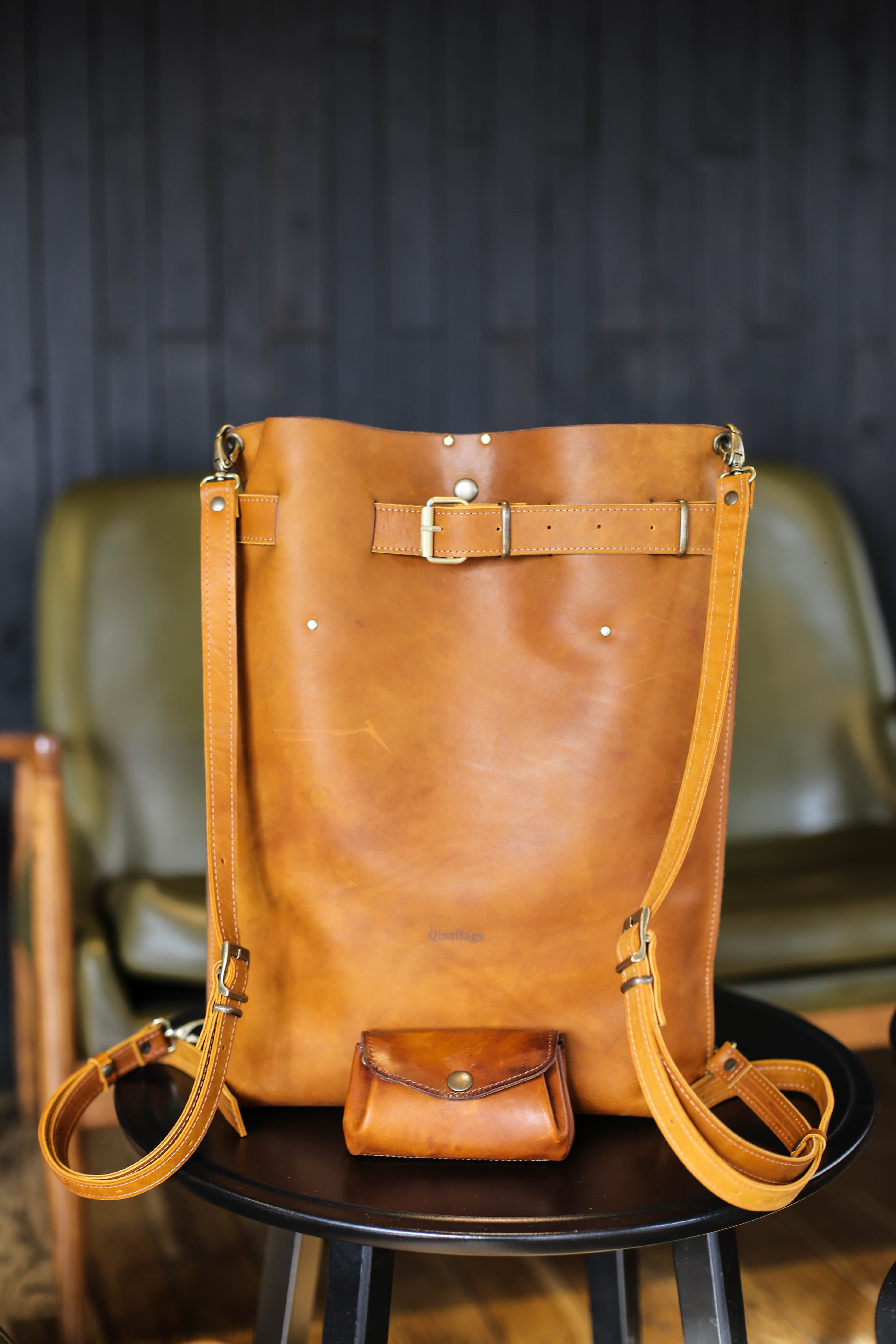 Brown Large Leather Backpack Purse