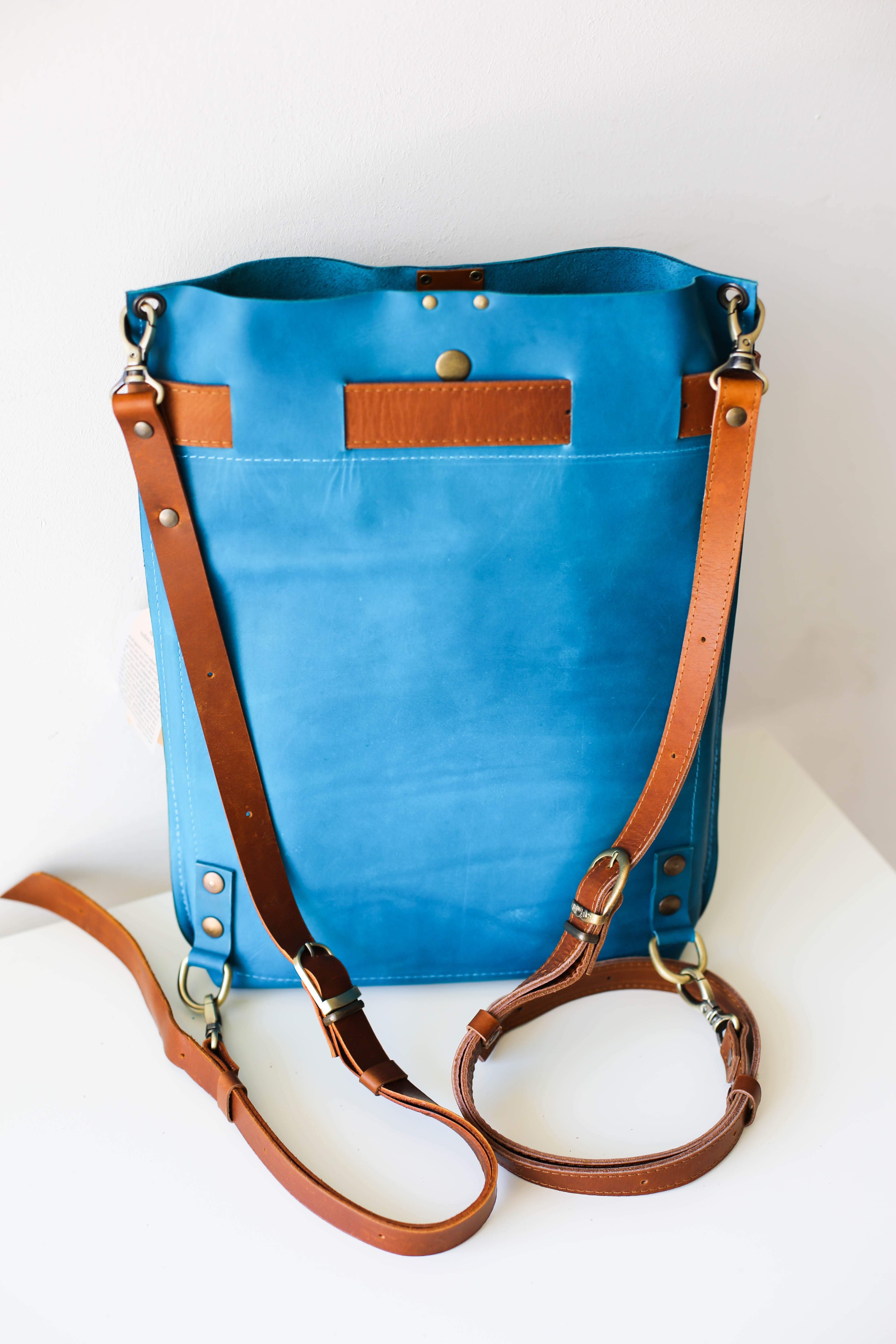 Sky Blue w/Brown Large Leather Backpack