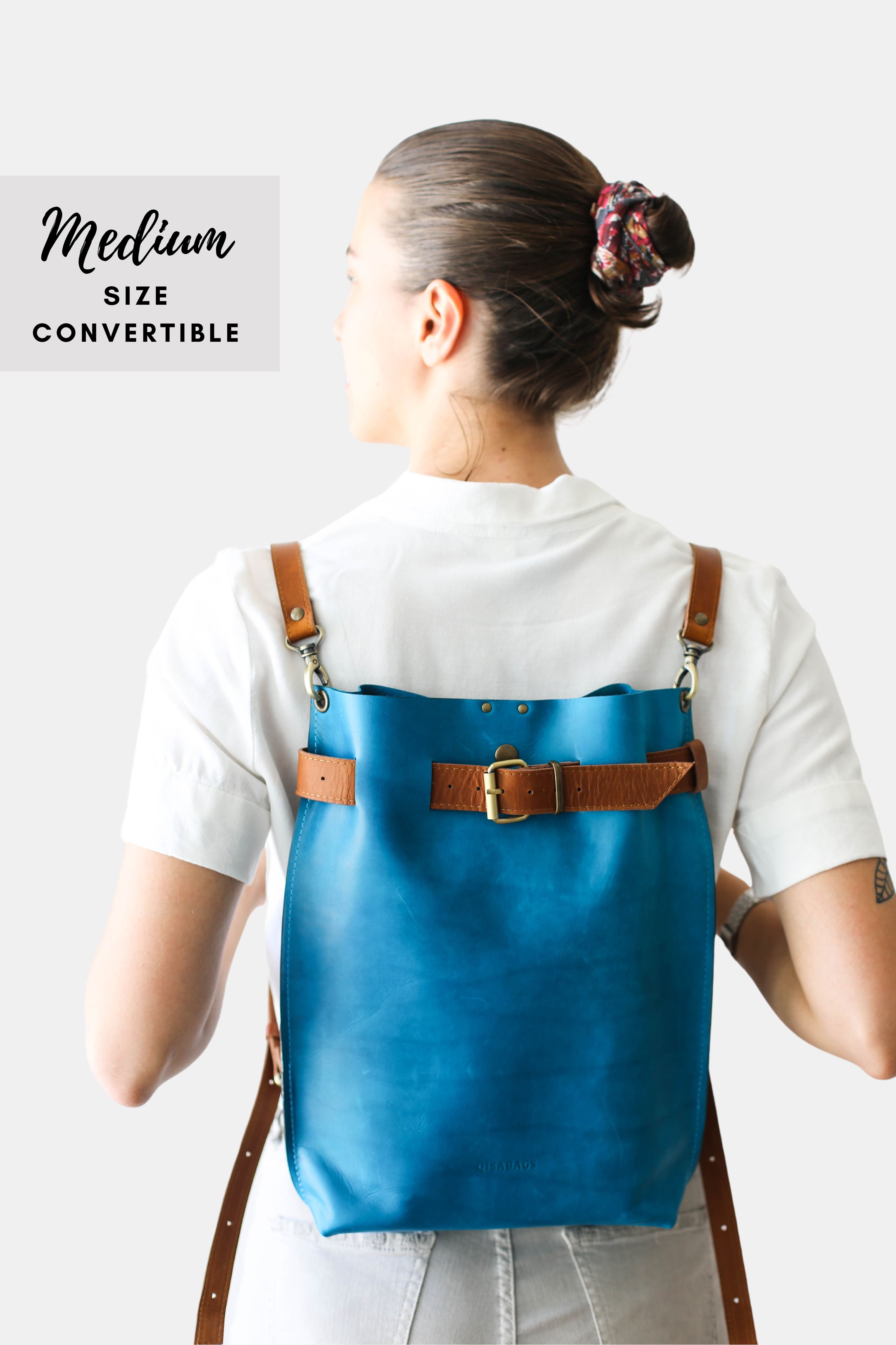 Sky Blue w/Brown Large Leather Backpack