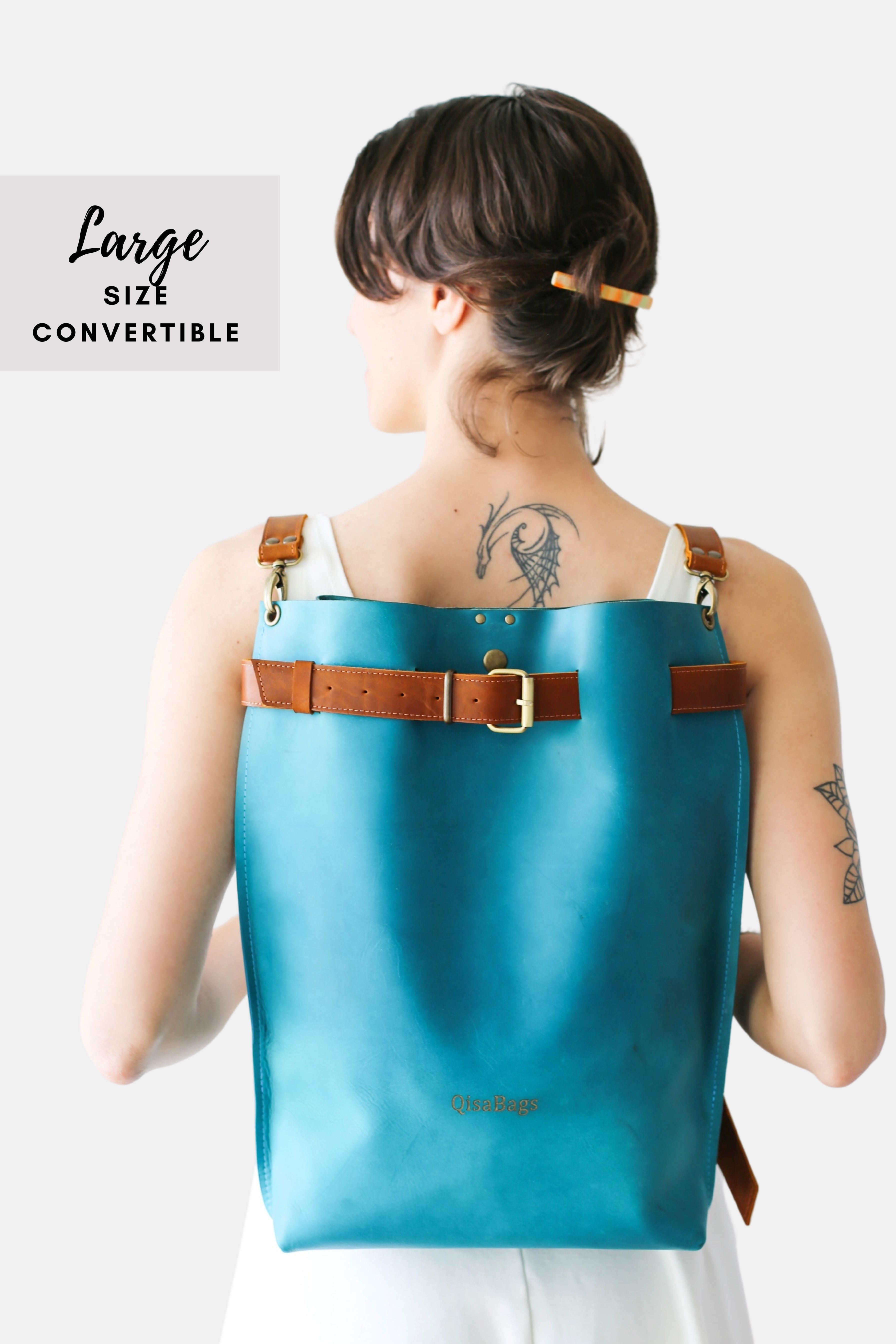 Sky Blue w/Brown Large Leather Backpack