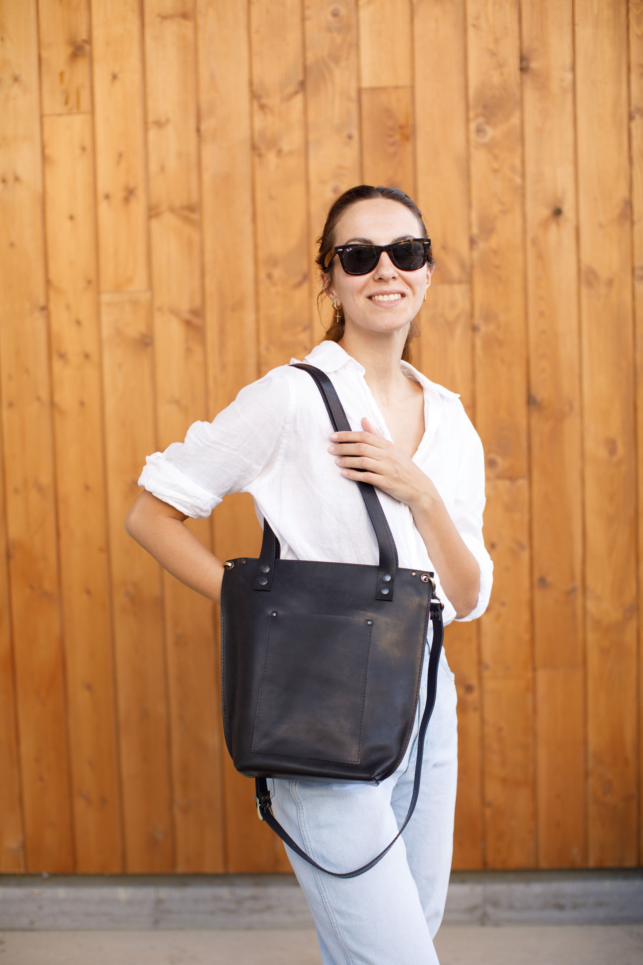 black leather handbag