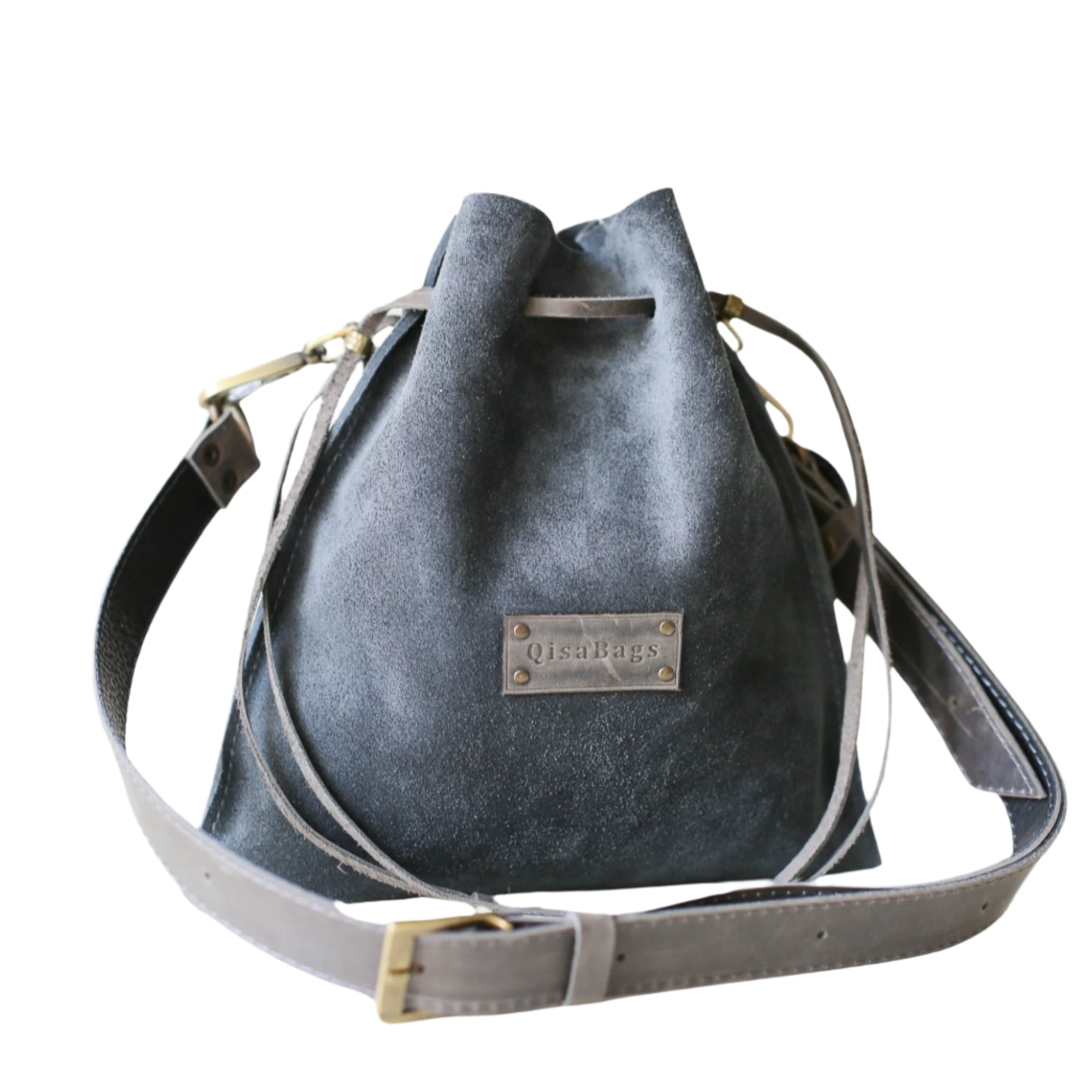 Gray leather pouch bag
