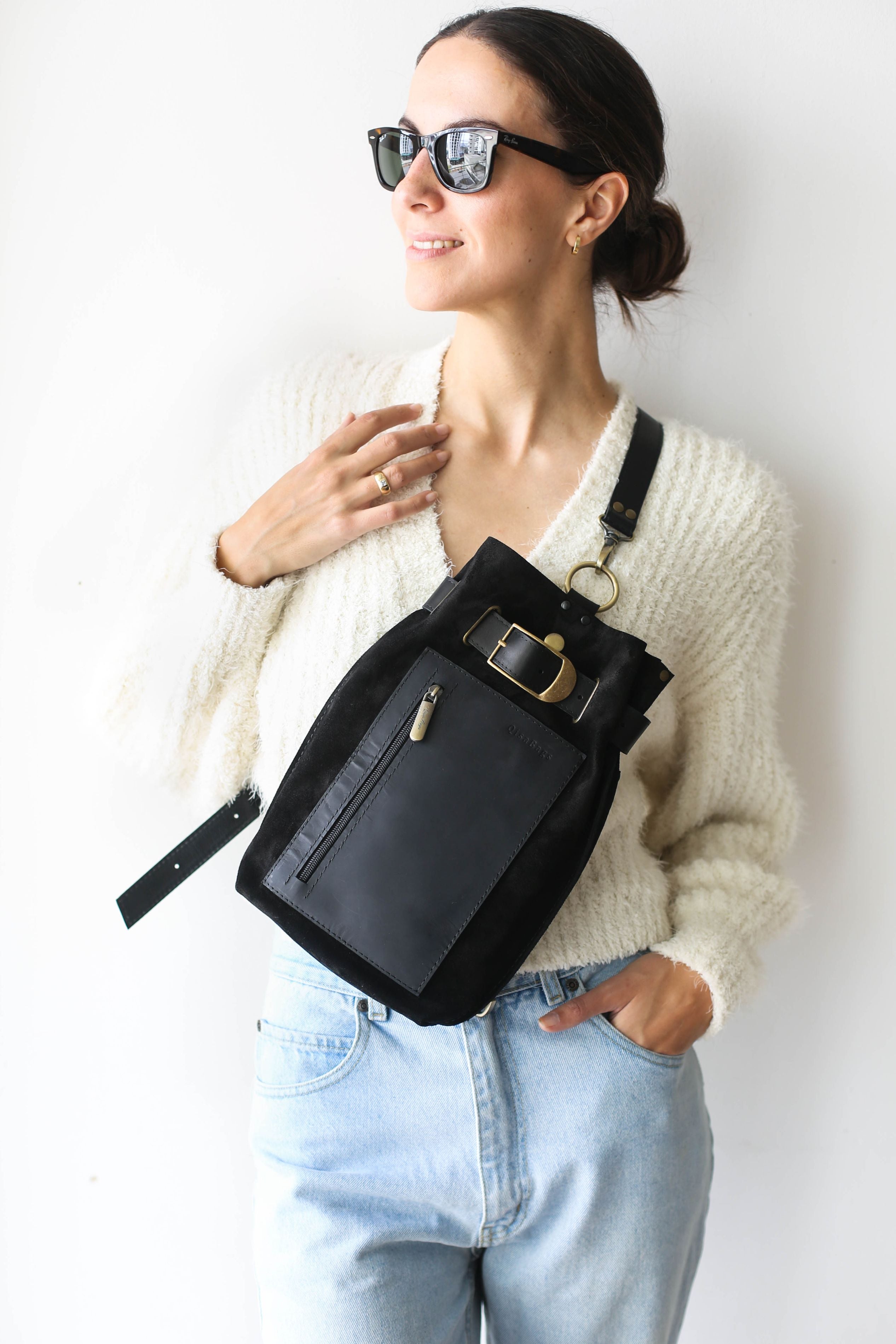 black suede crossbody bag