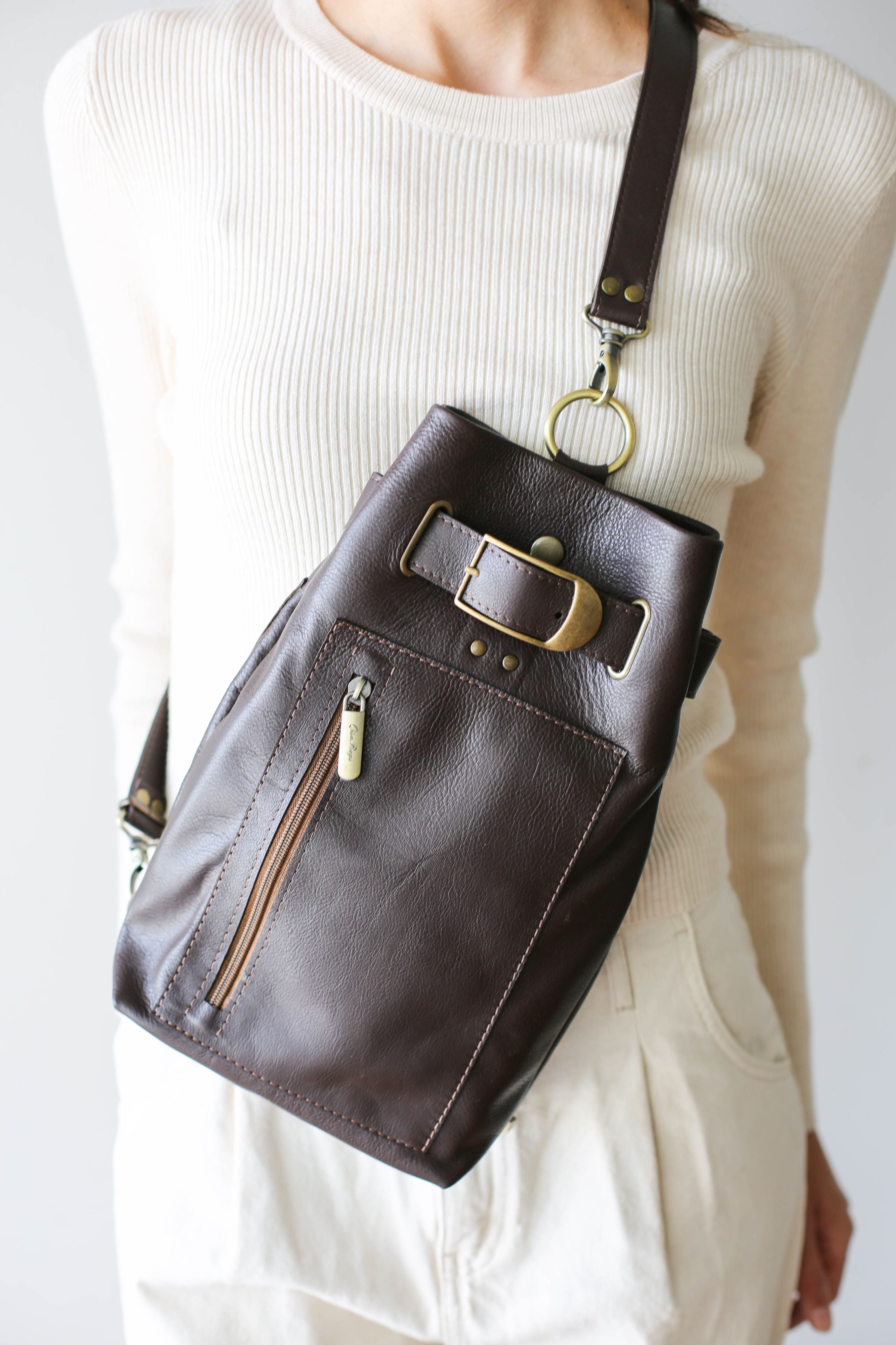 Brown leather sling bag women's