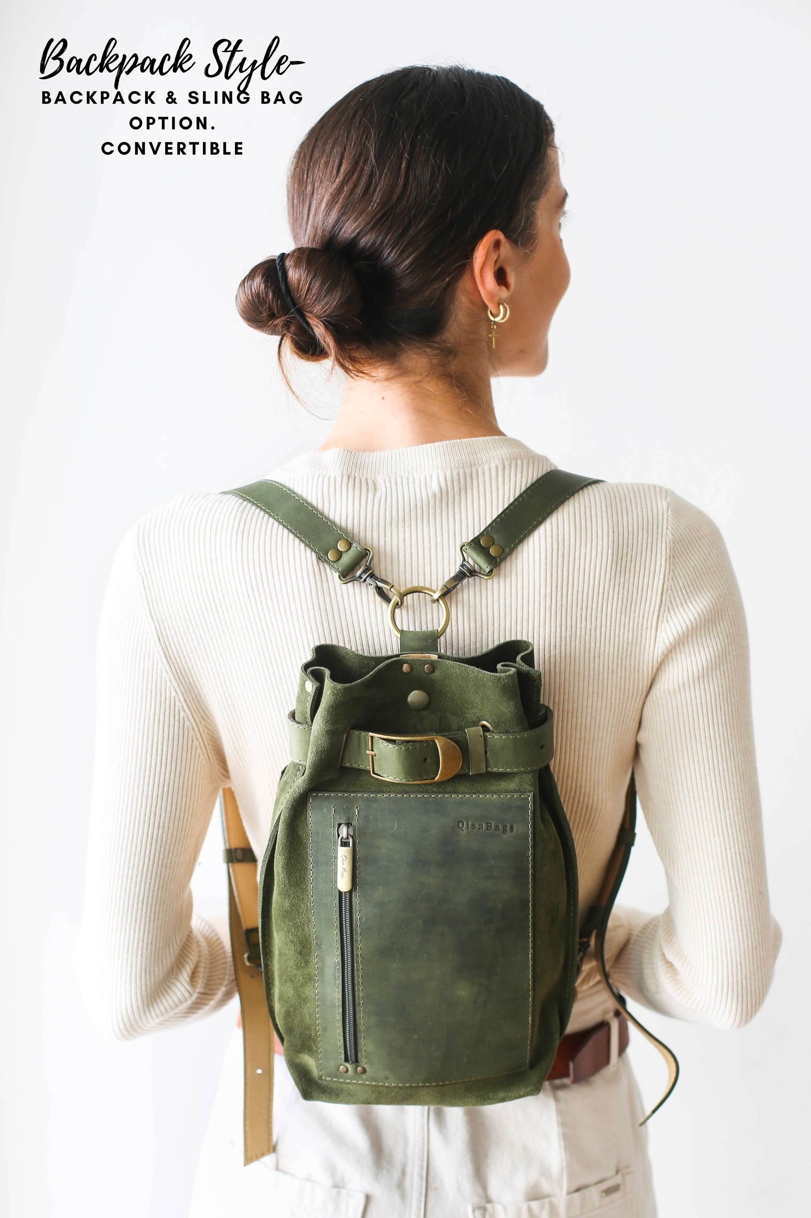 green leather bag