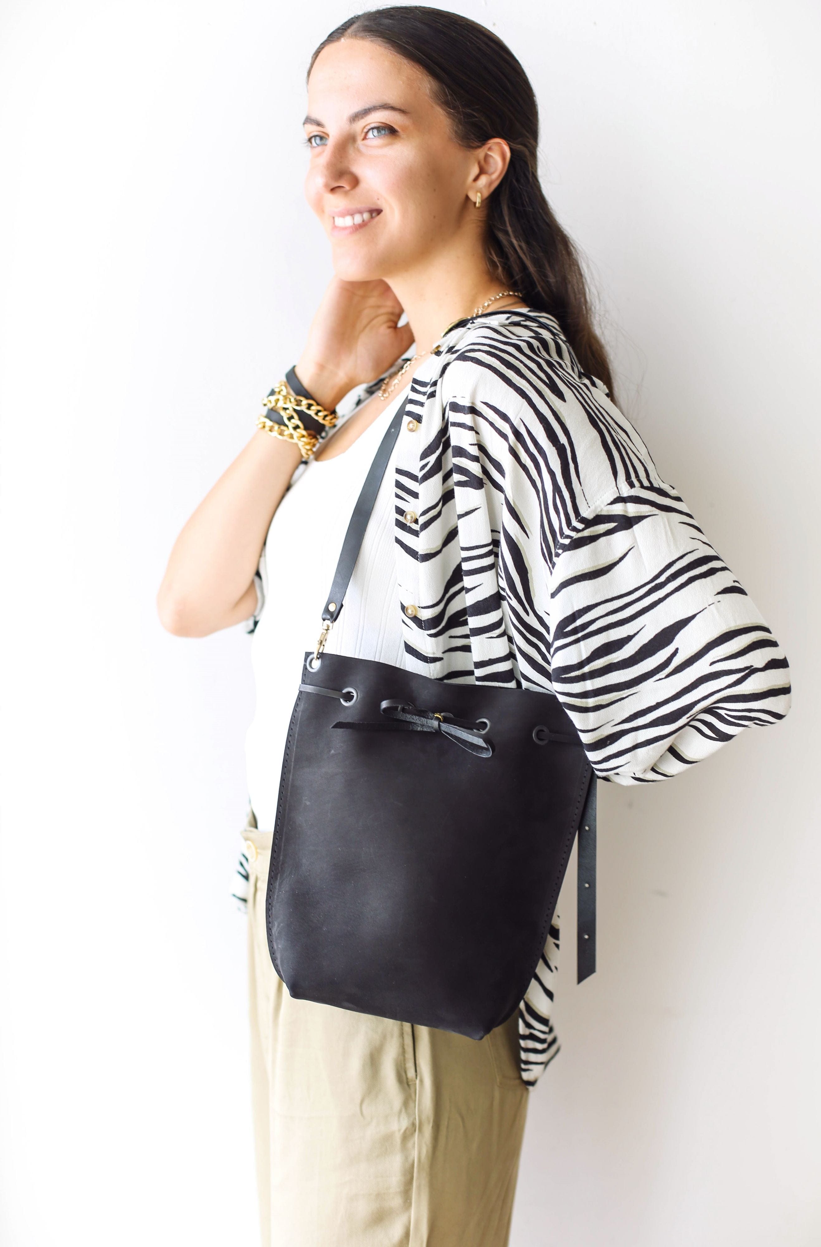 black leather bucket bag