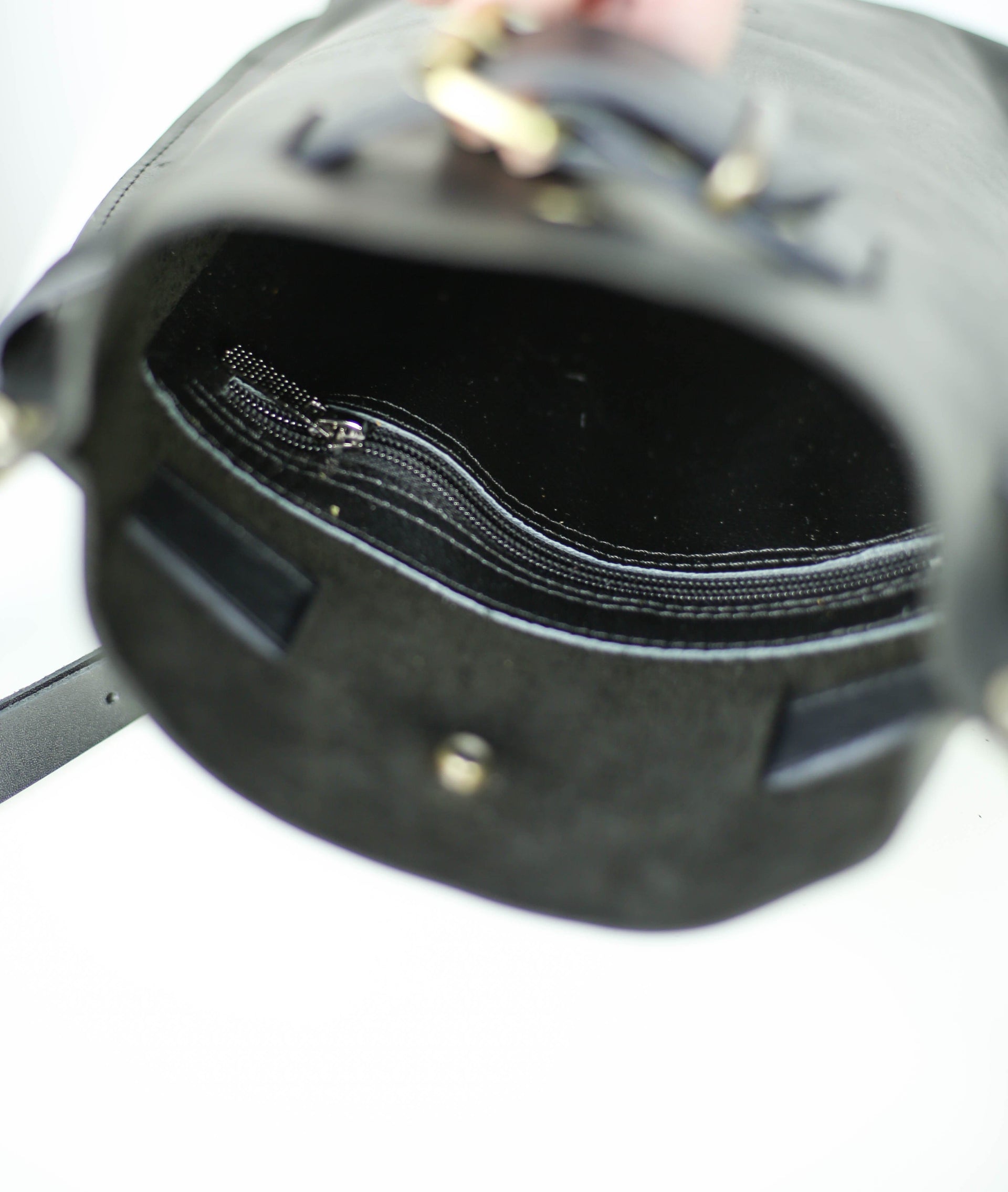 Interior of a black leather handbag