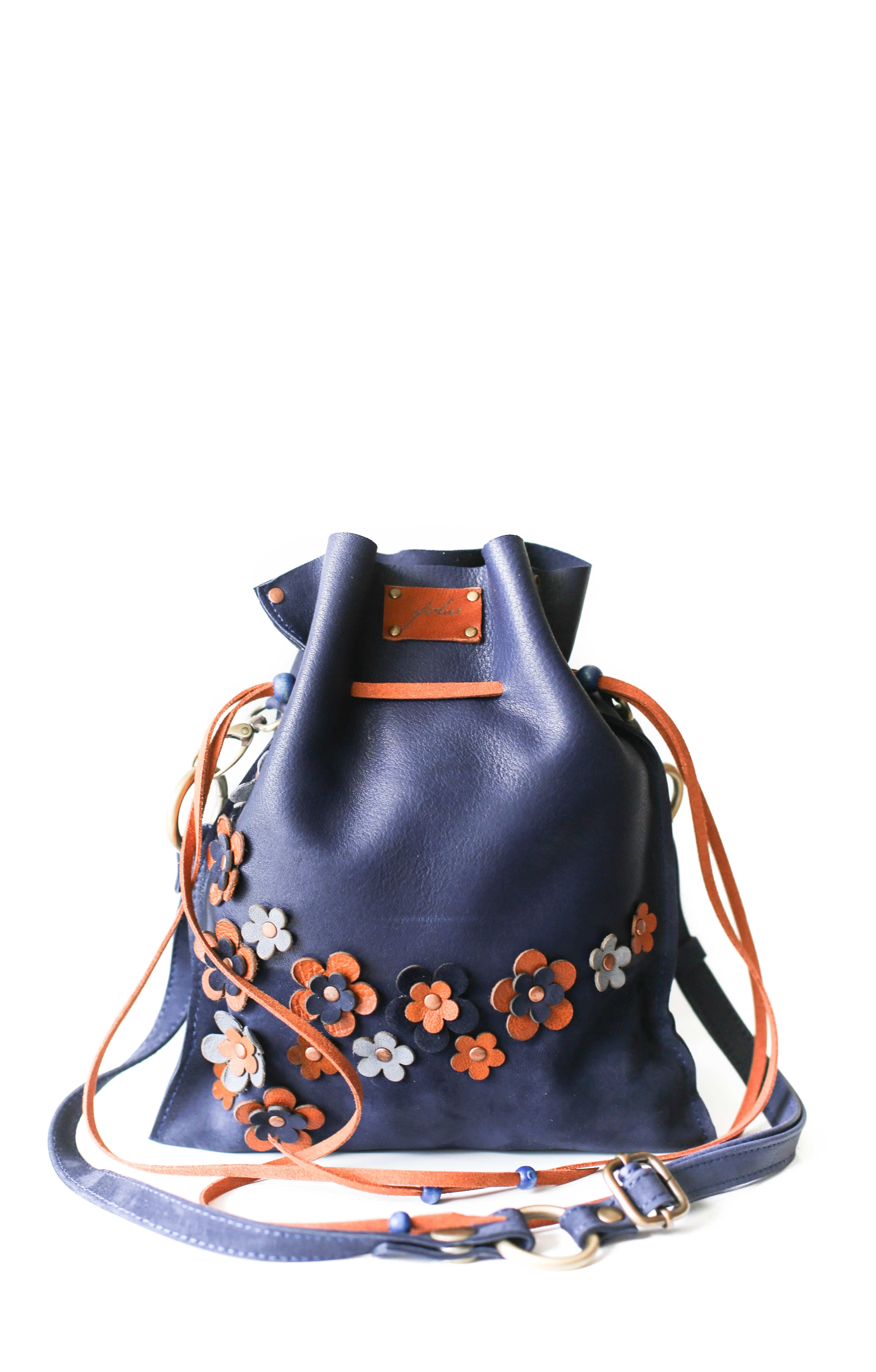 Blue Drawstring Leather Pouch Bag - Qisabags with Chain / Both Straps