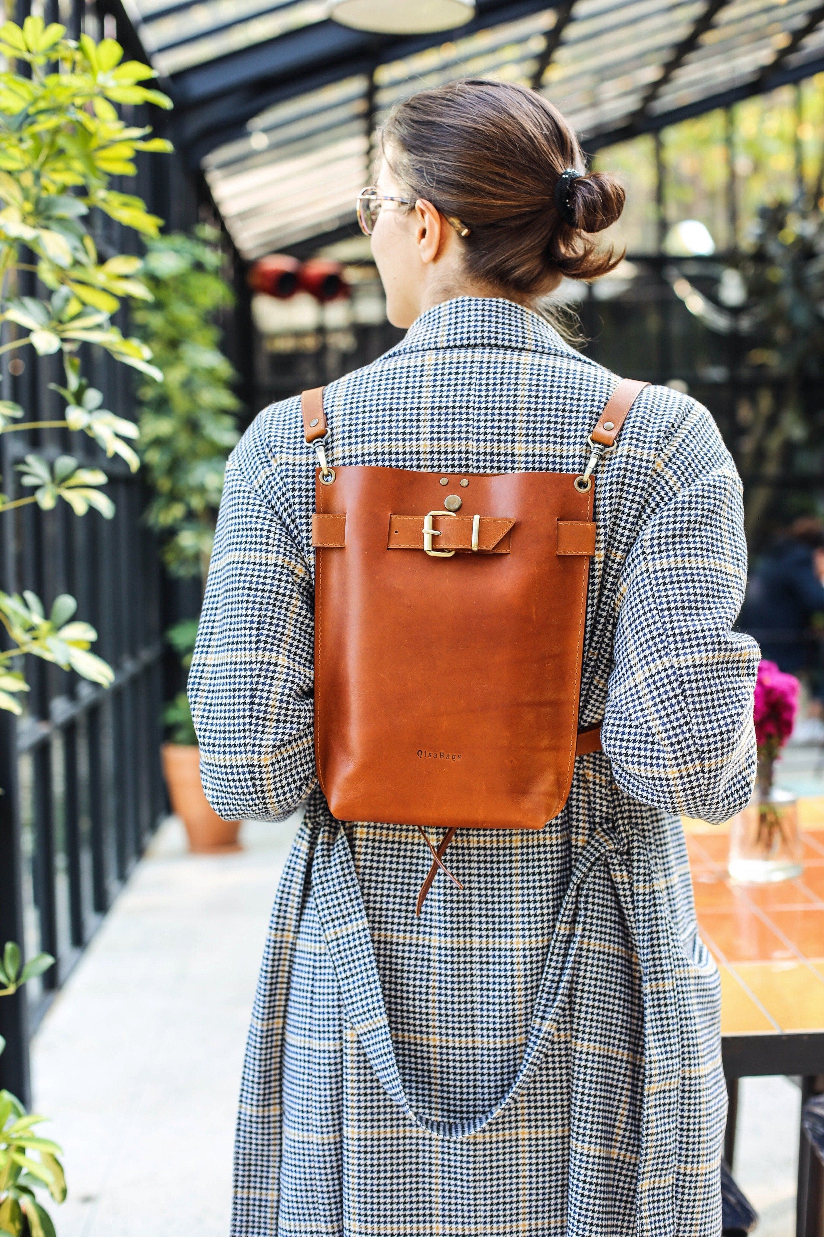 brown leather backpack
