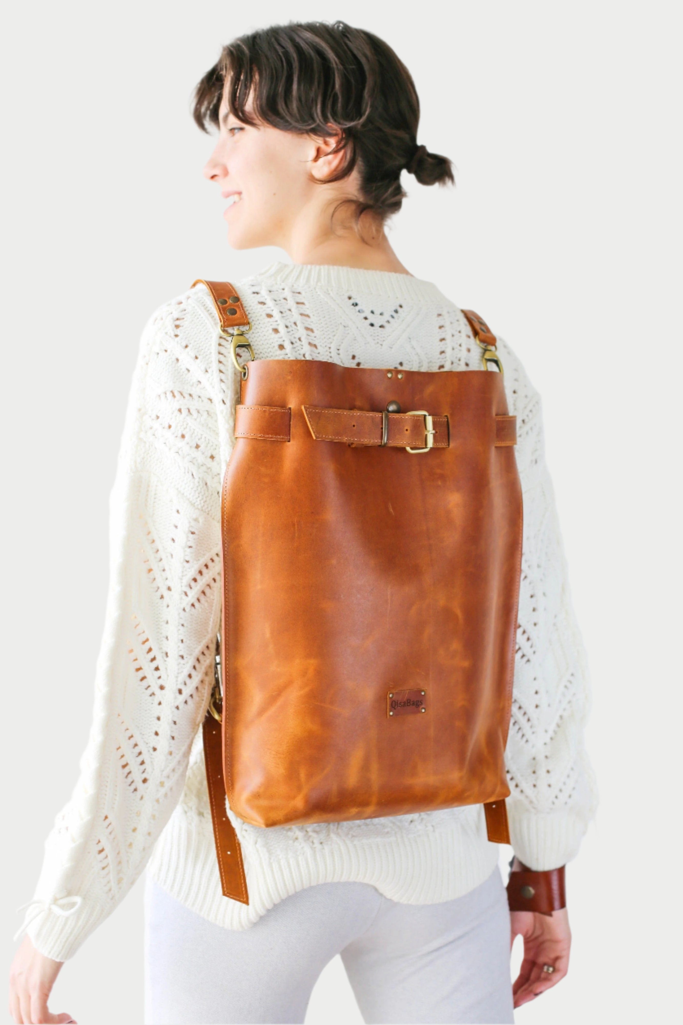 brown leather backpack
