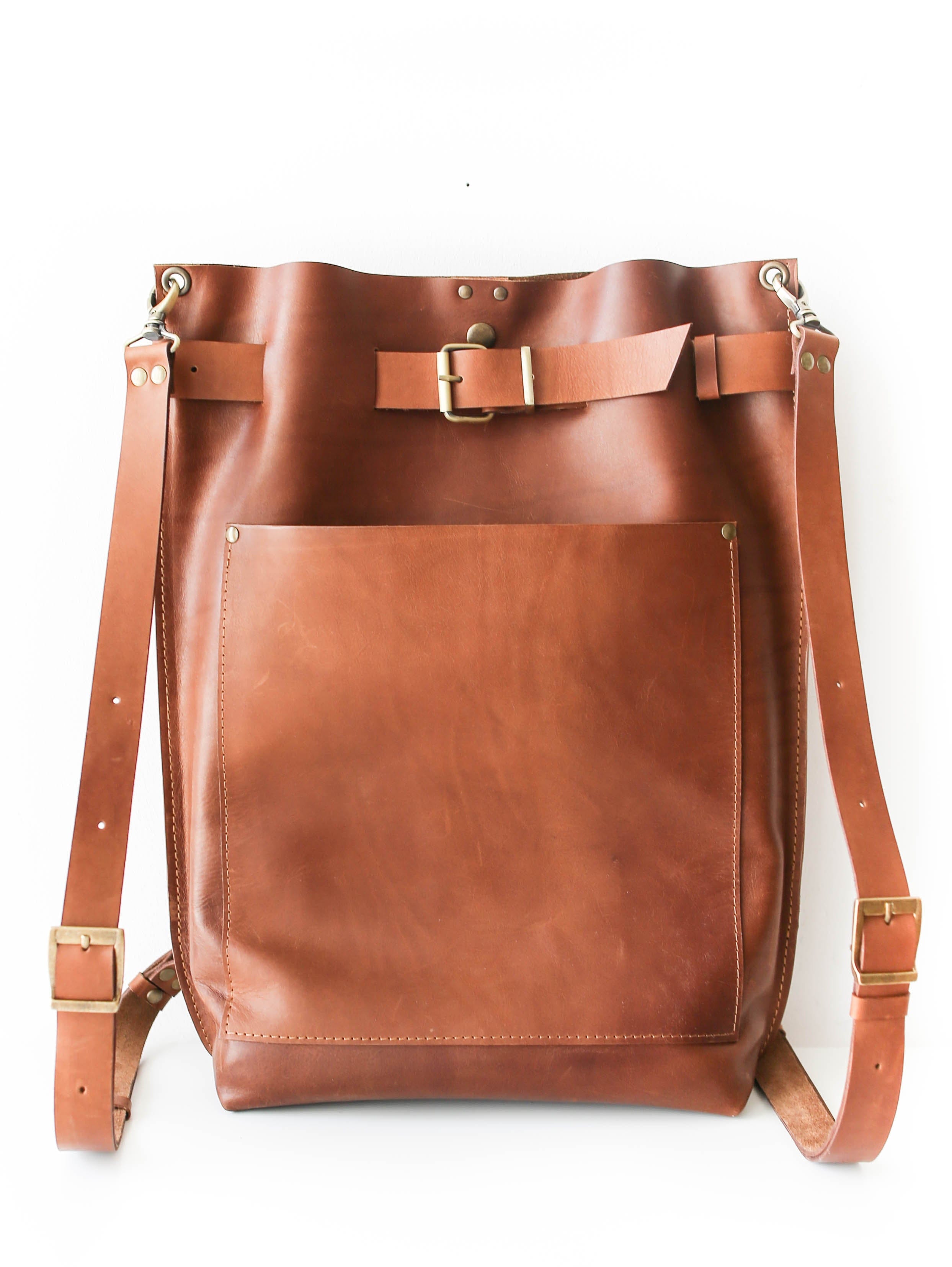 brown leather backpack