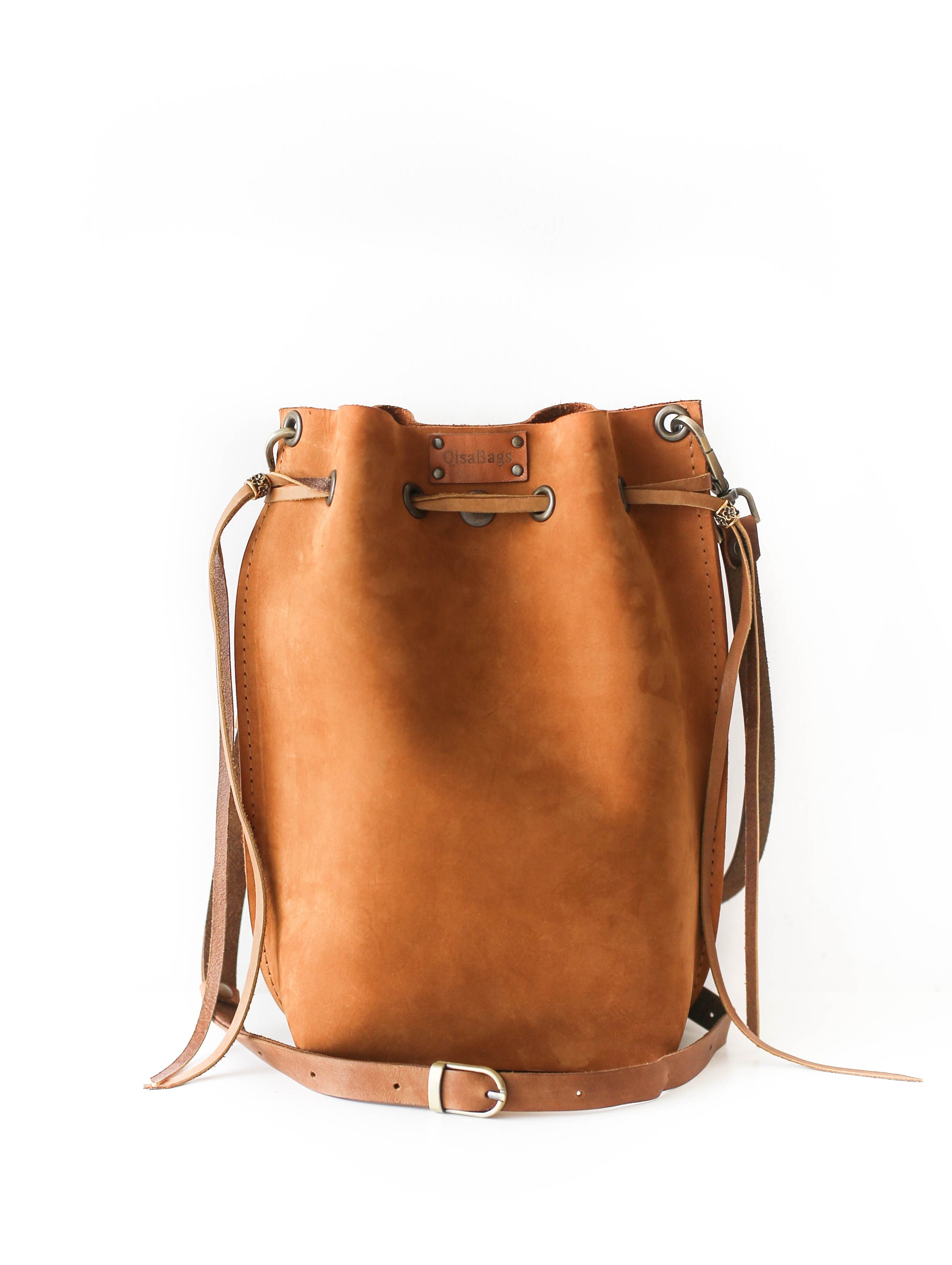Drawstring Bucket Bag | Brown Leather Purse - Qisabags Leather Strap