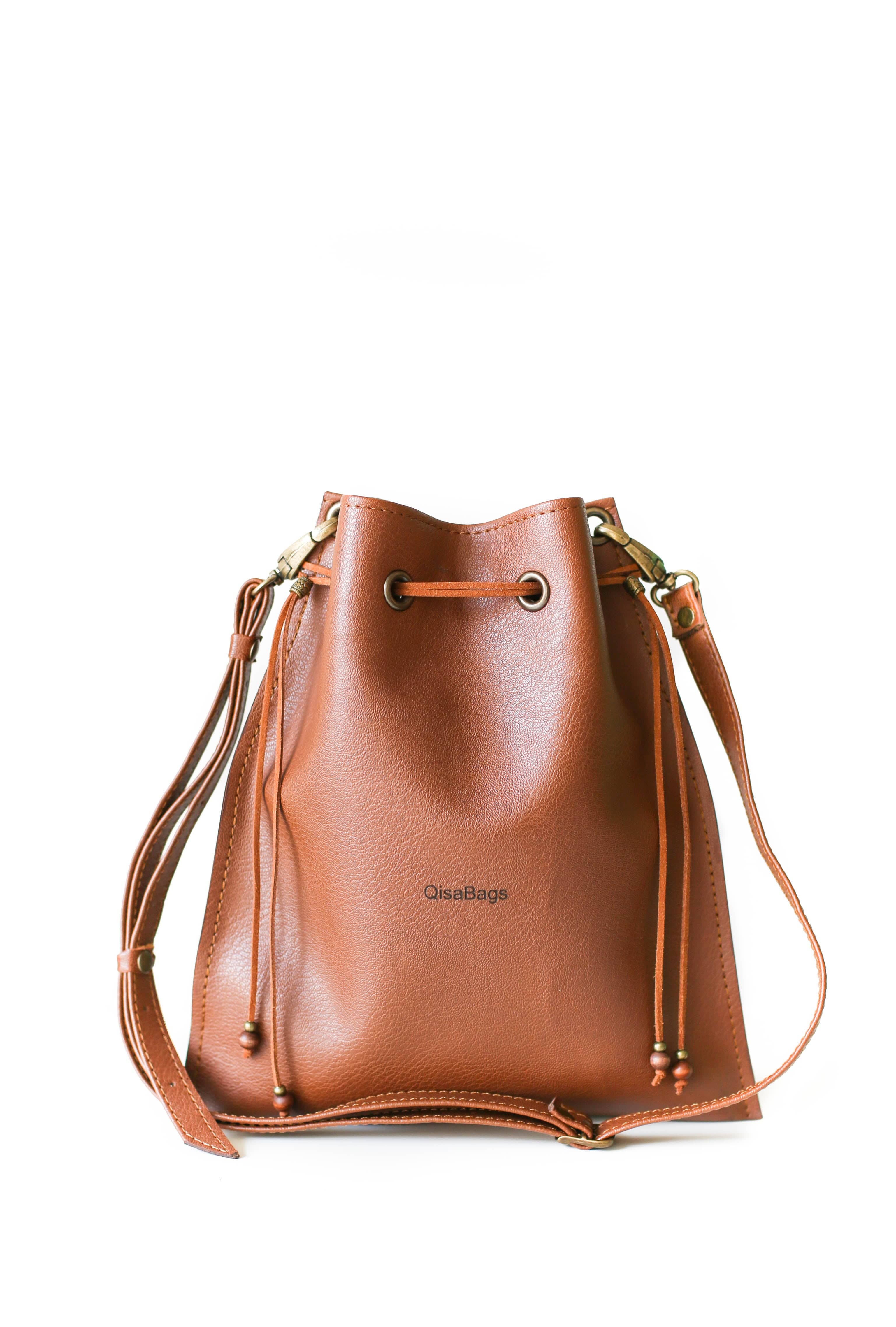 Drawstring Bucket Bag | Brown Leather Purse - Qisabags Leather Strap