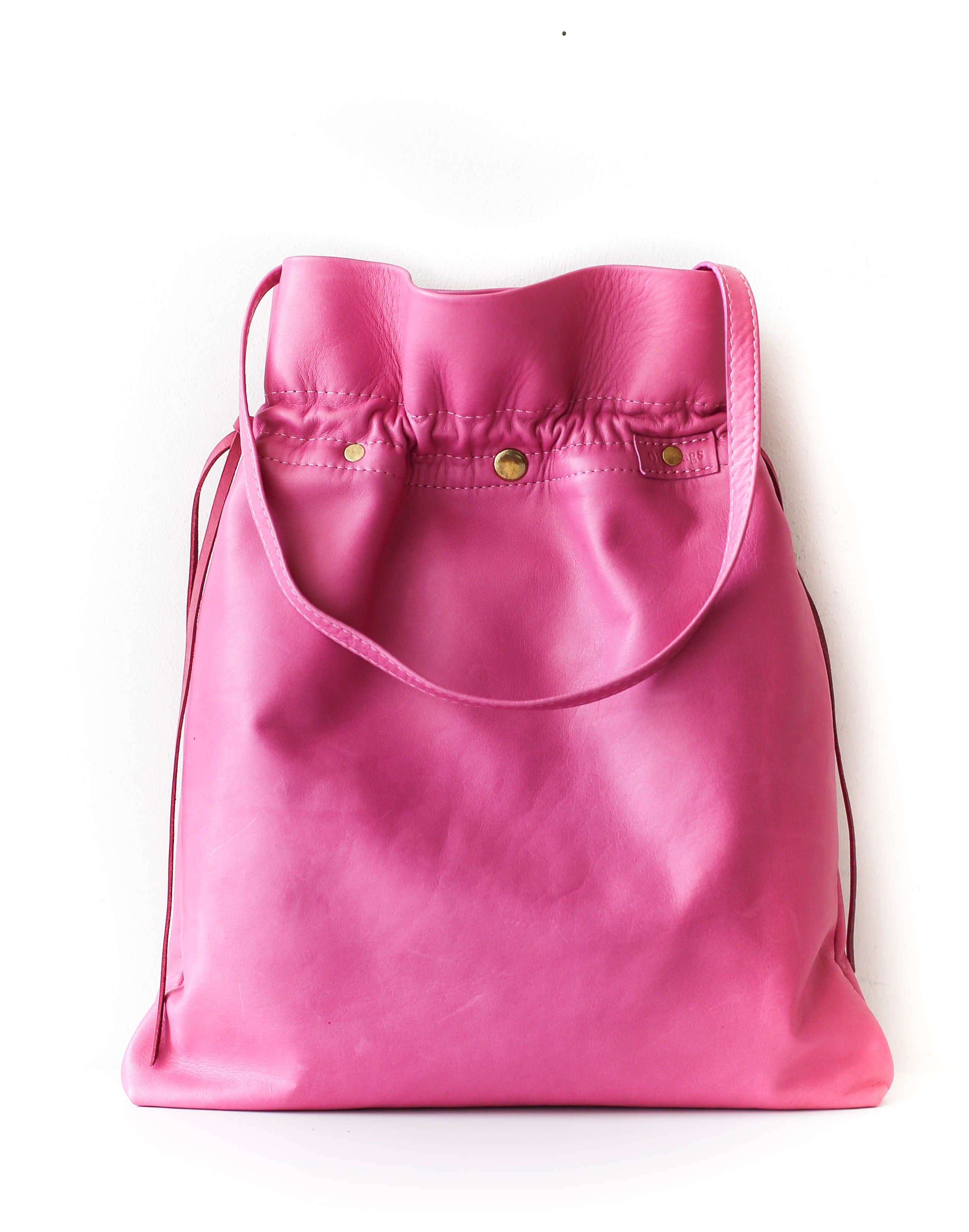 Pink Leather Logo Medium Drawstring Backpack