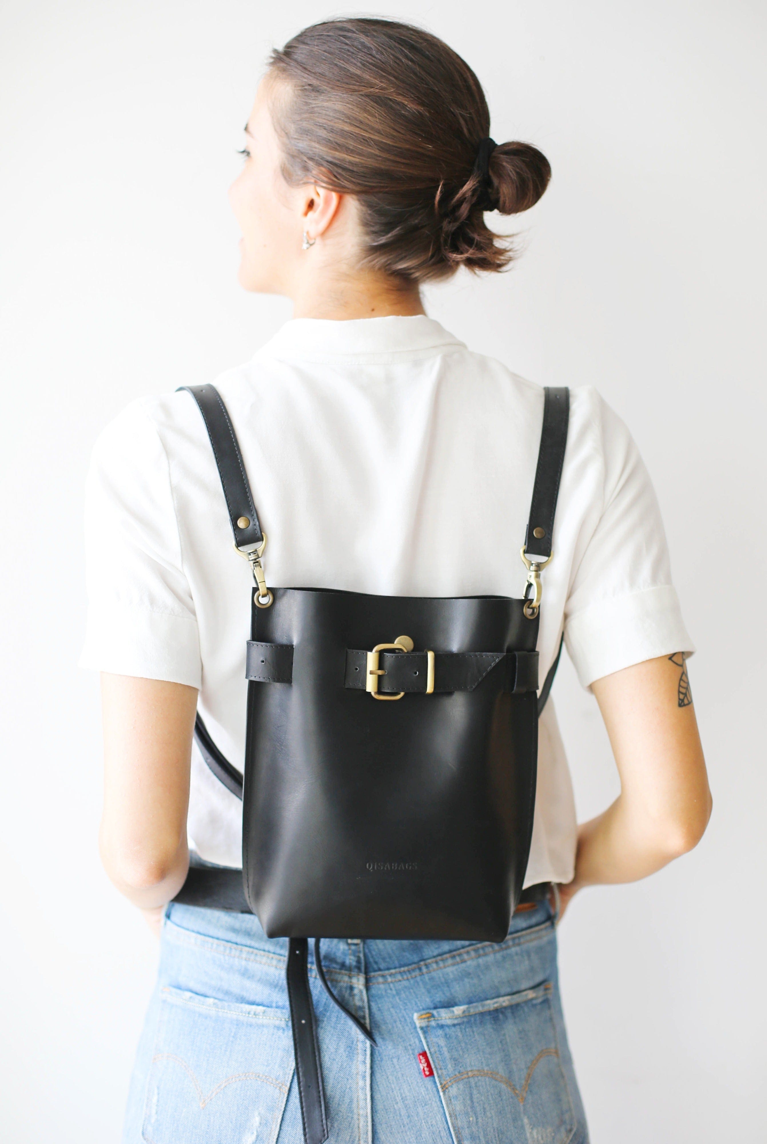 black leather mini backpack