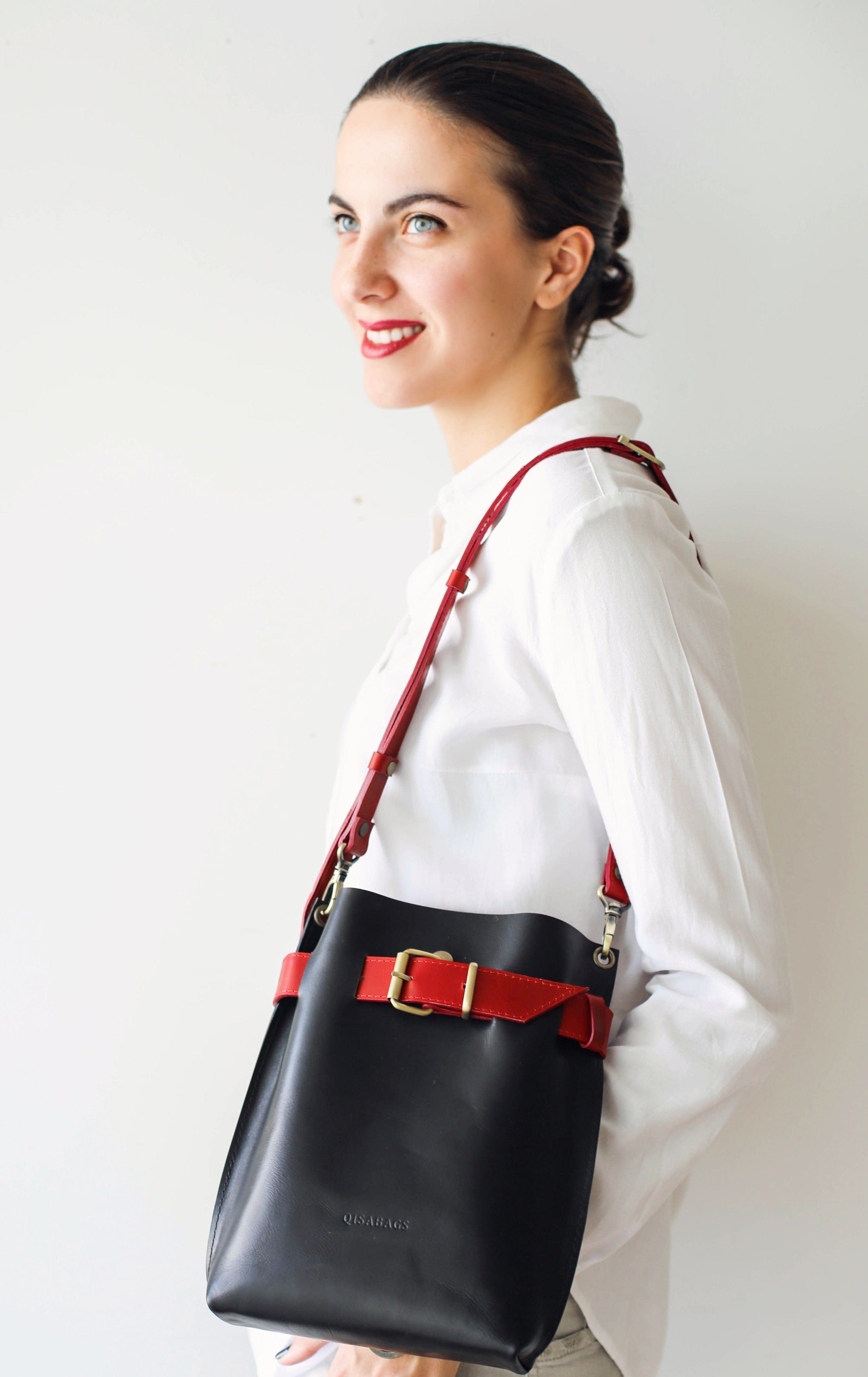 black leather handbag