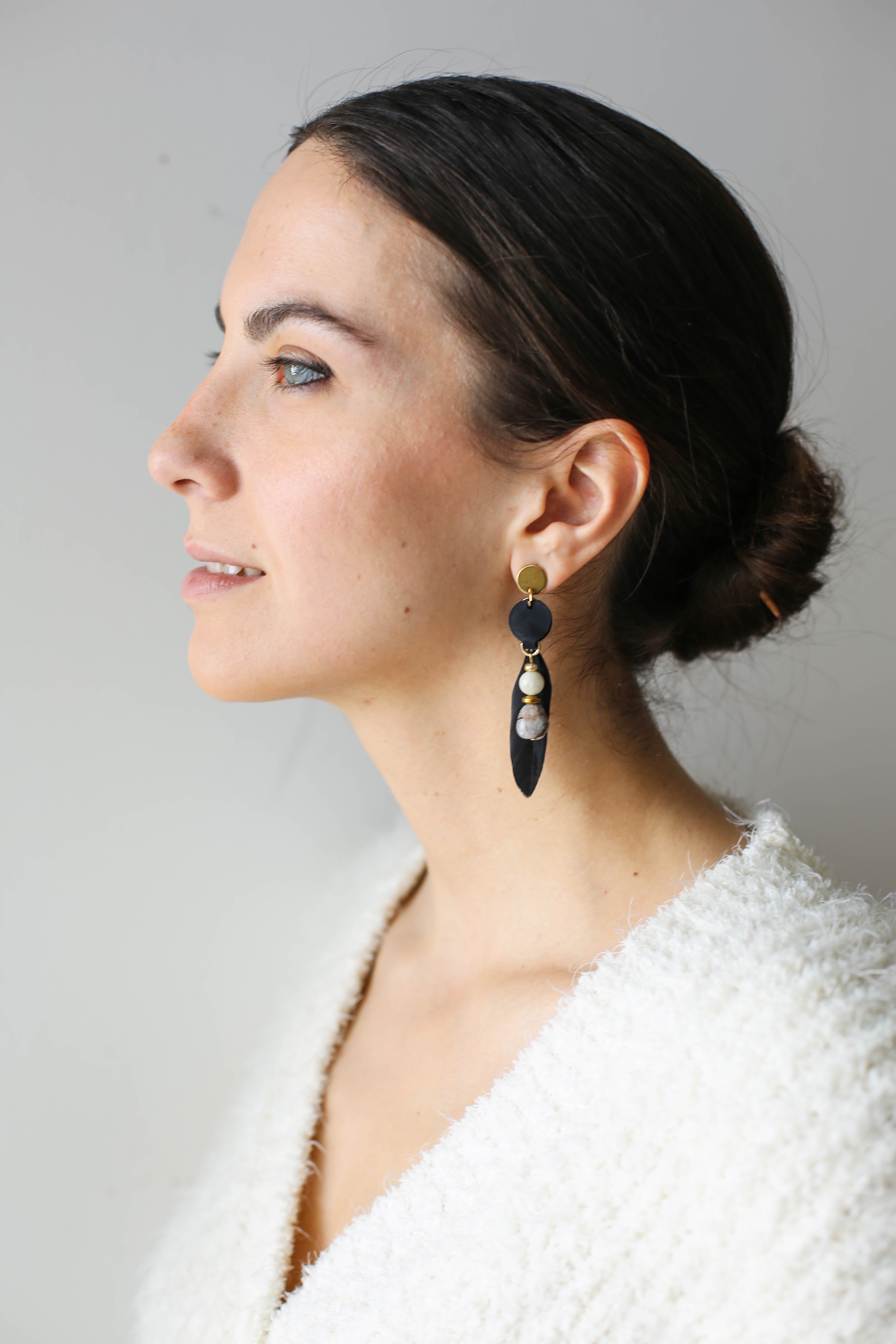 Leather Earrings with Feather and Black Quartz