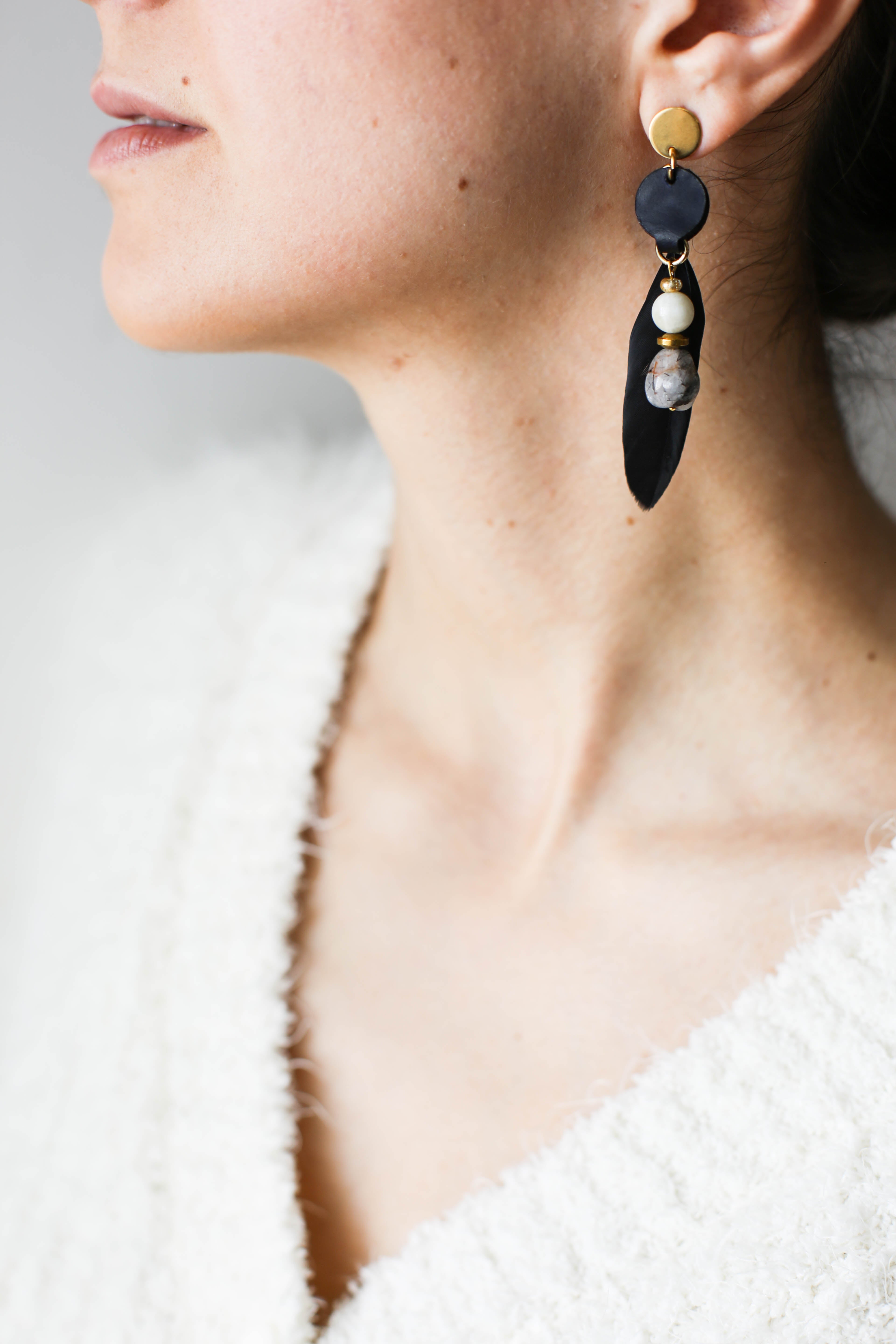 Leather Earrings with Feather and Black Quartz