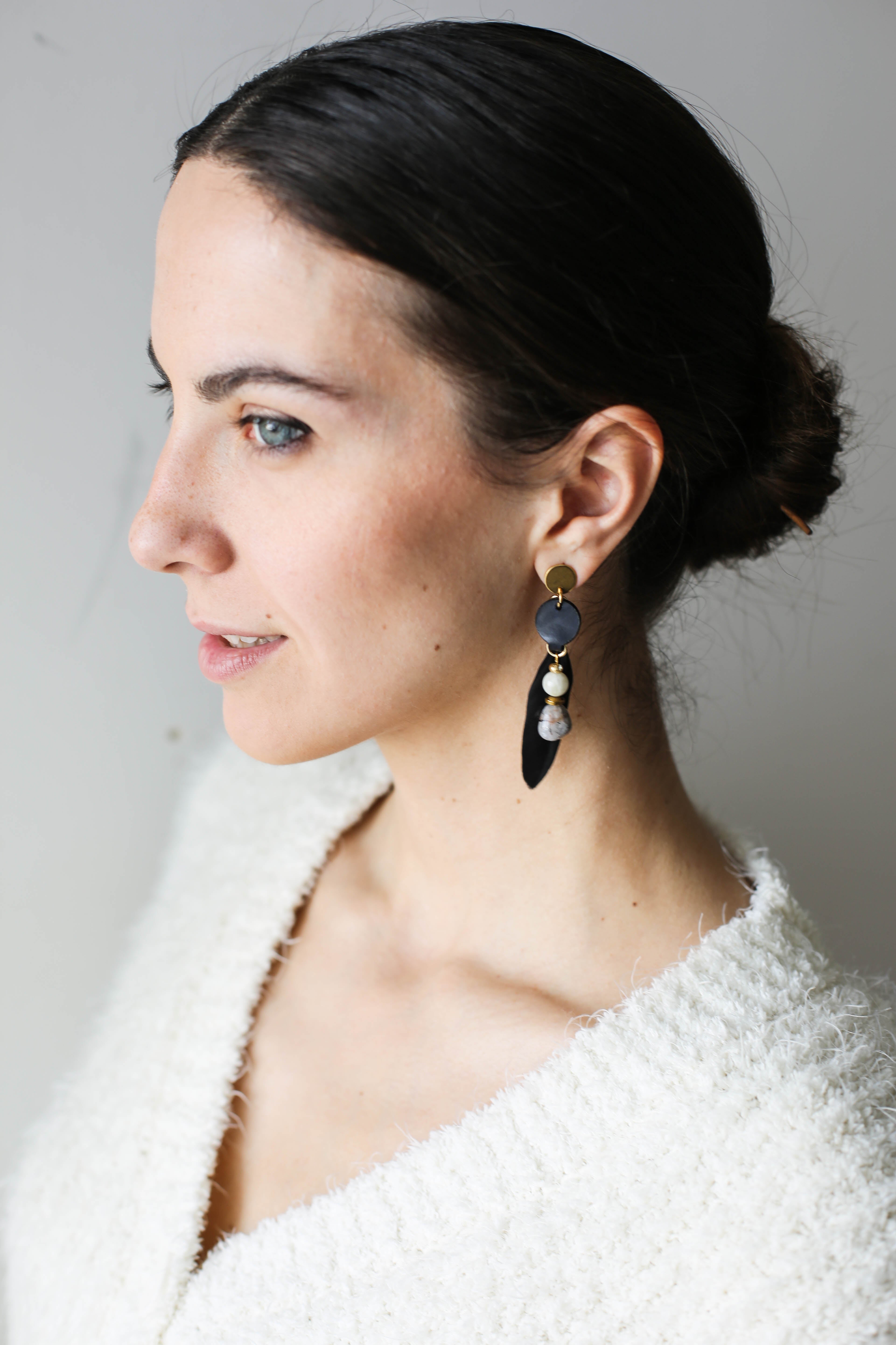 Leather Earrings with Feather and Black Quartz