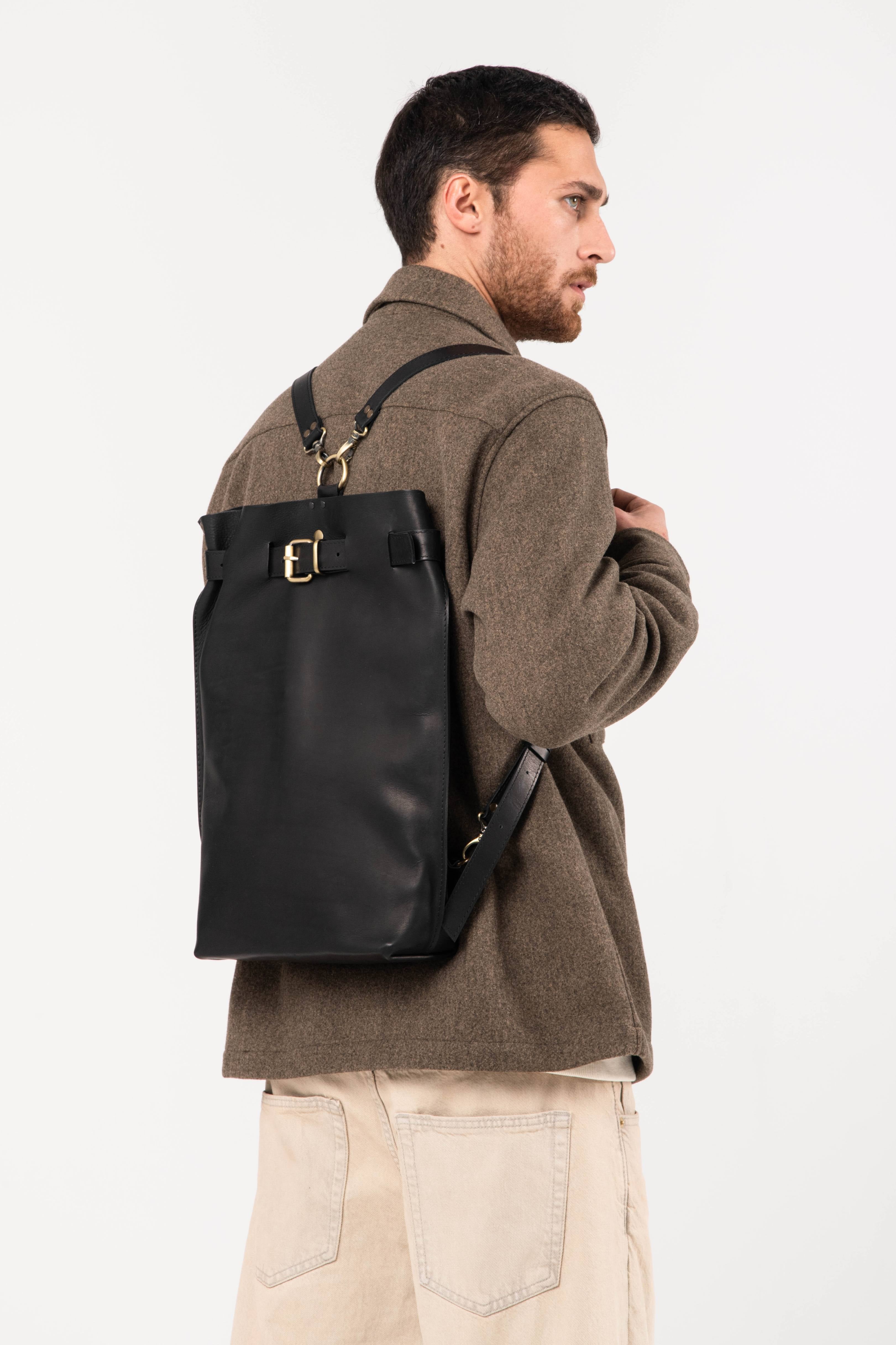 Men's Black Leather Backpack