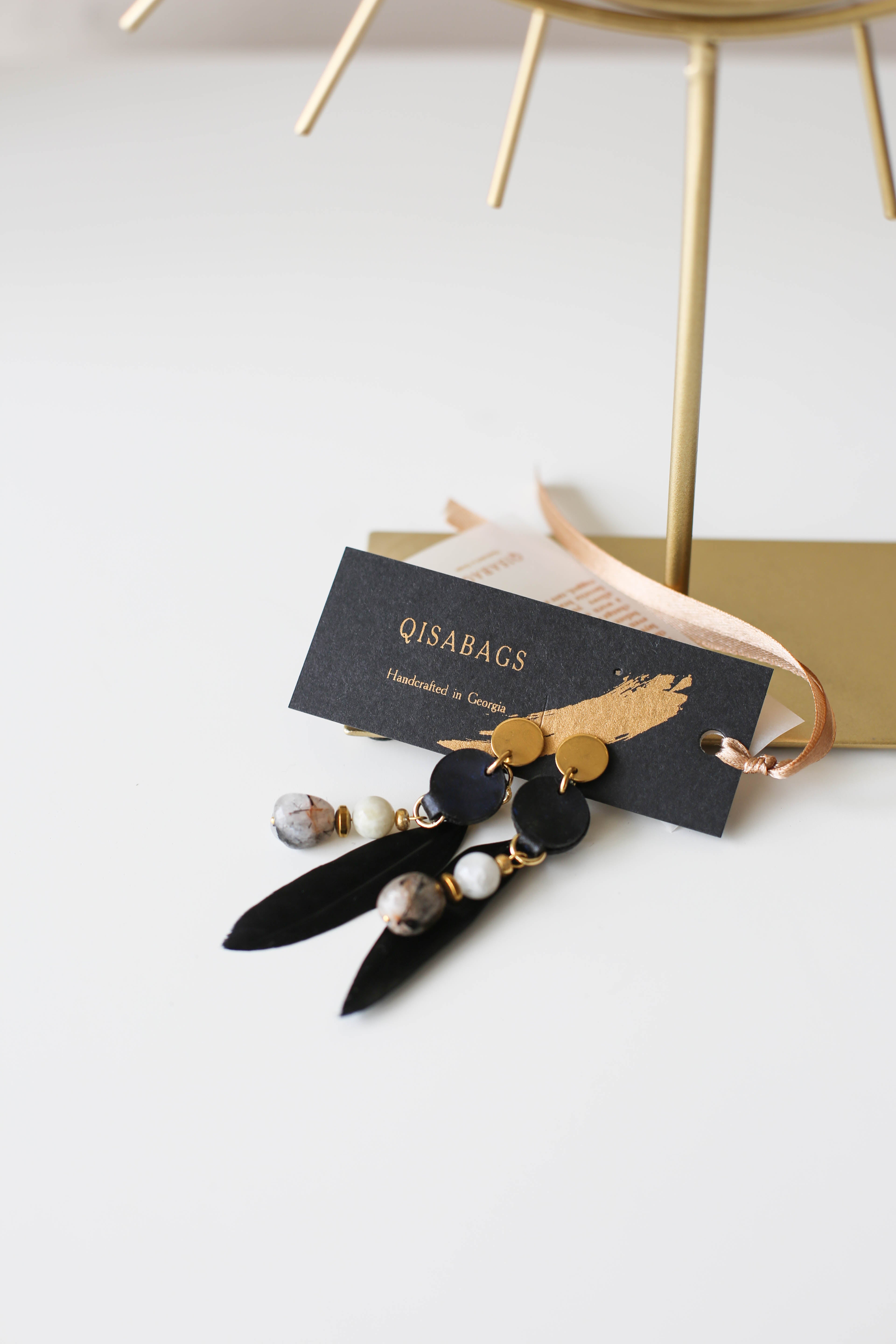 Leather Earrings with Feather and Black Quartz