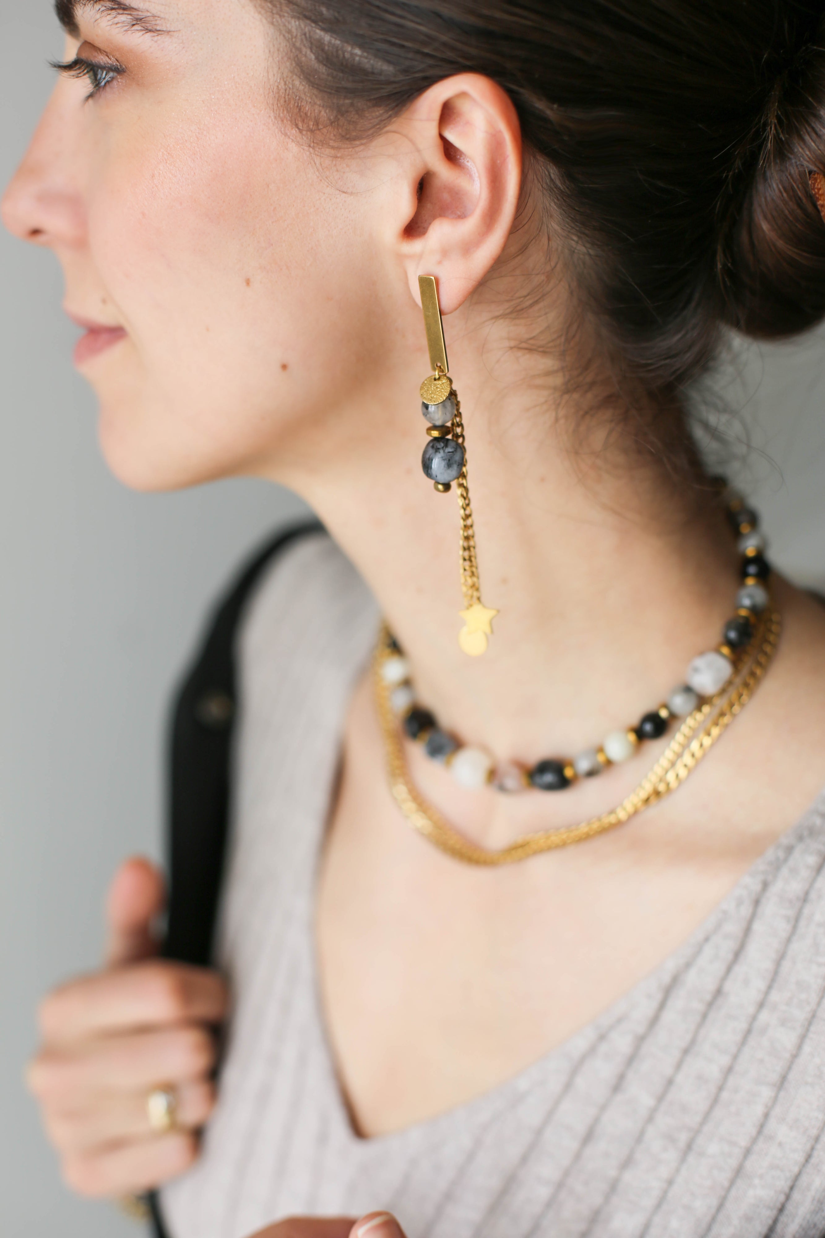 Black Quartz Dangle Bead Earrings