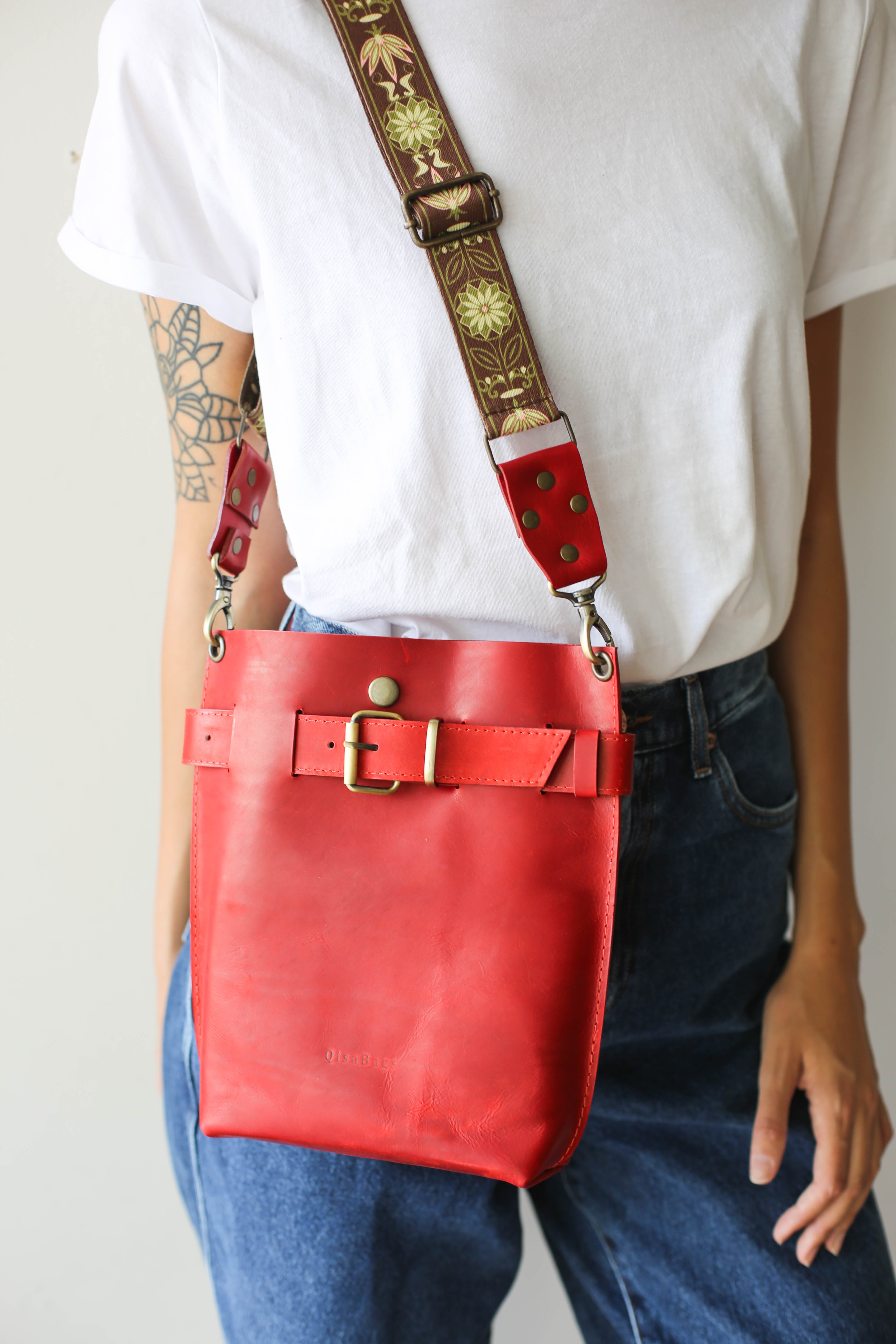 Crossbody Leather Bags w/Webbing Strap - All Colors