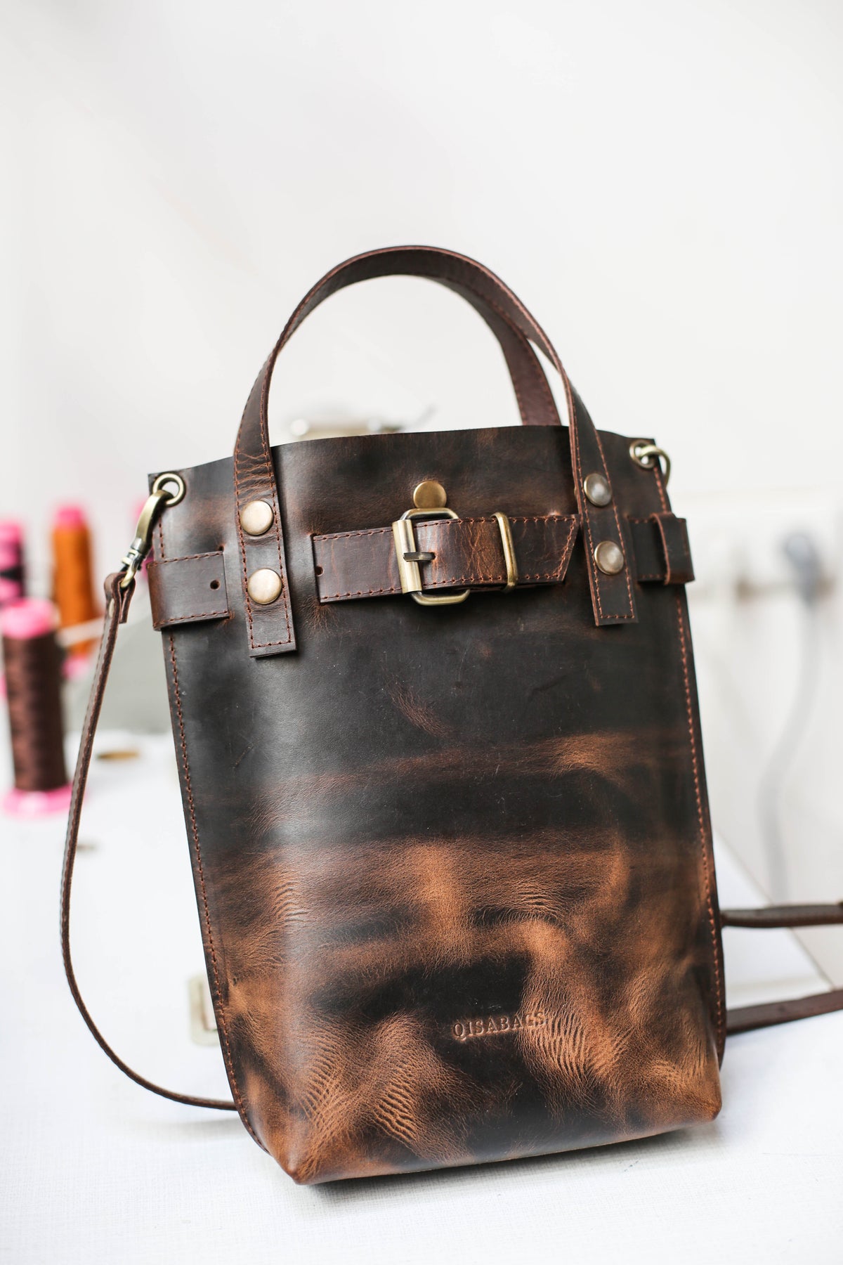 Dark Brown Leather Handbag with Handles