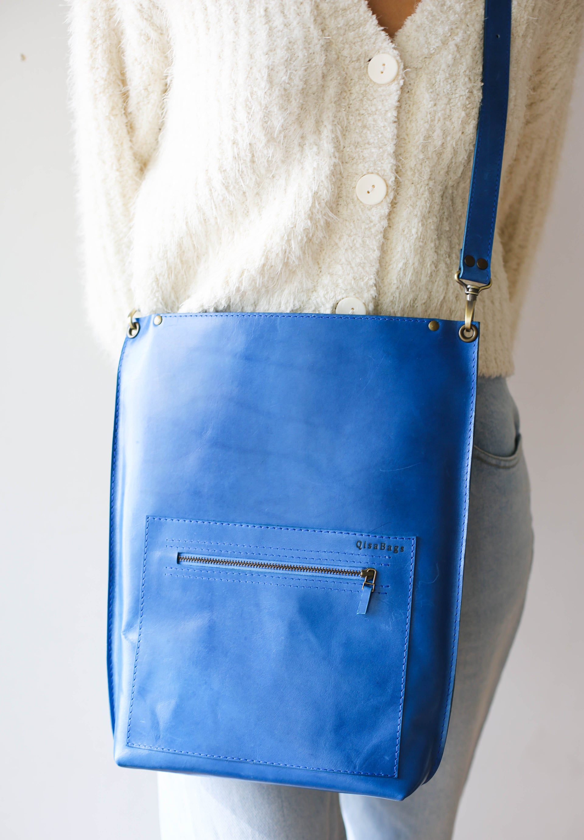 Blue leather crossbody purse for women