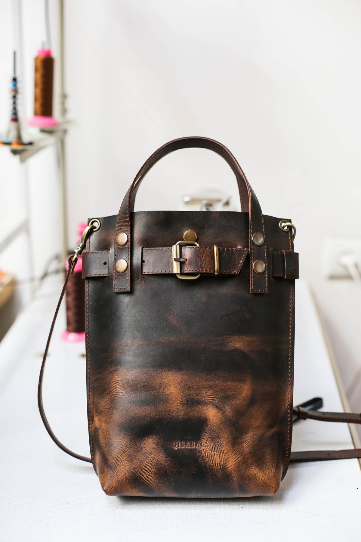 Dark Brown Leather Handbag with Handles