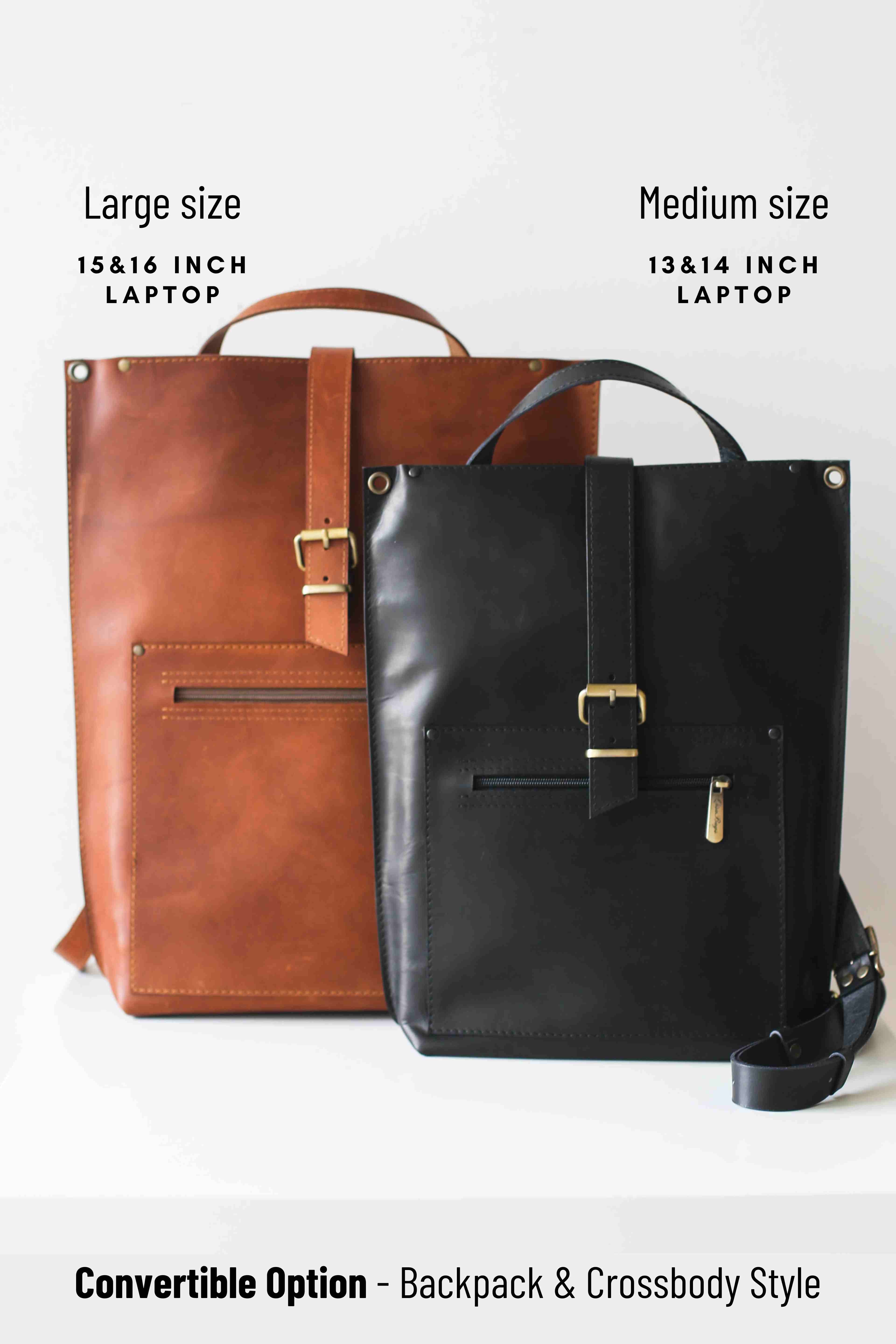 Brown Leather Laptop Backpack w/Zipper - Buckle Edition