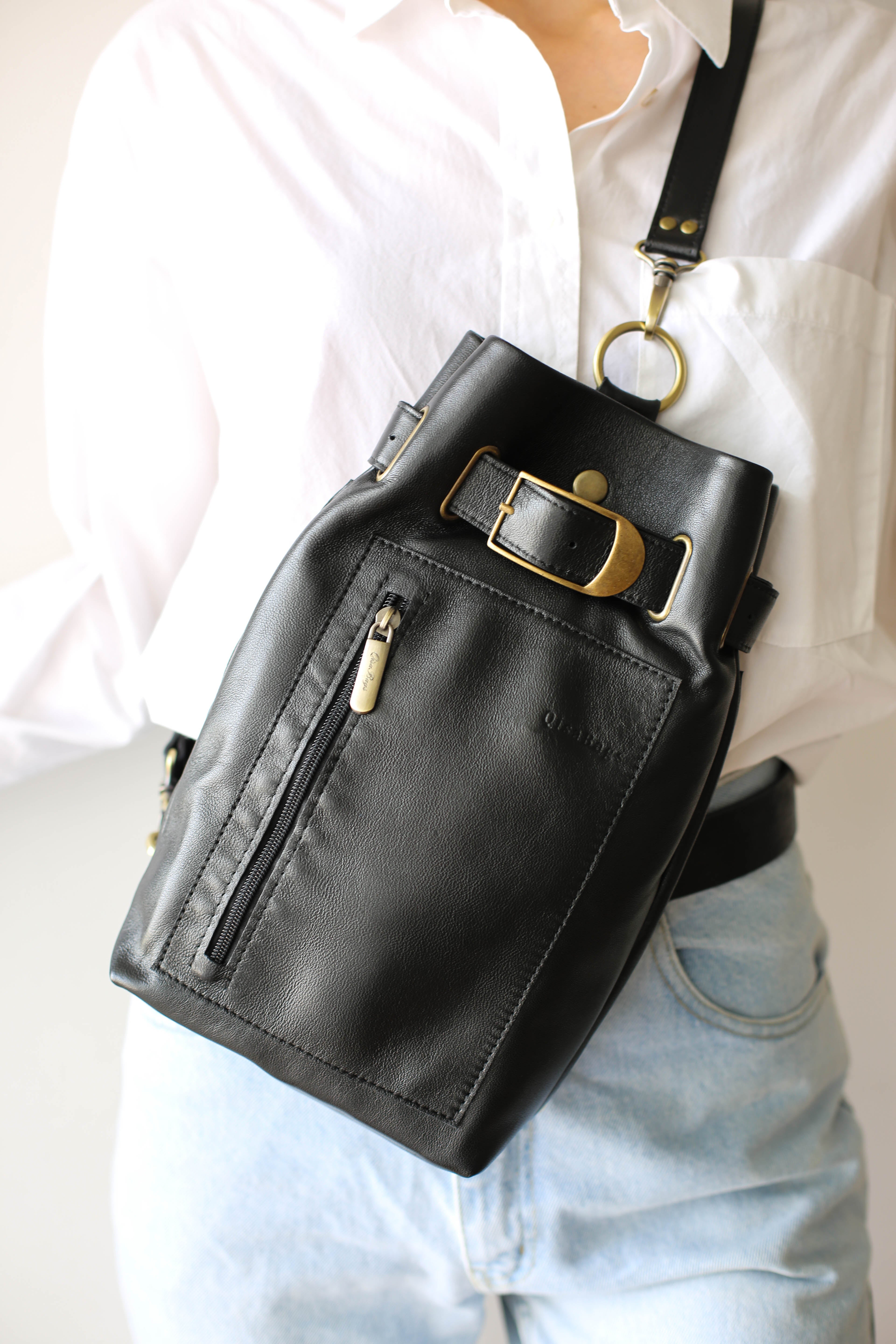 Black Leather Sling Bag | Leather Sling Bags for Men - Qisa