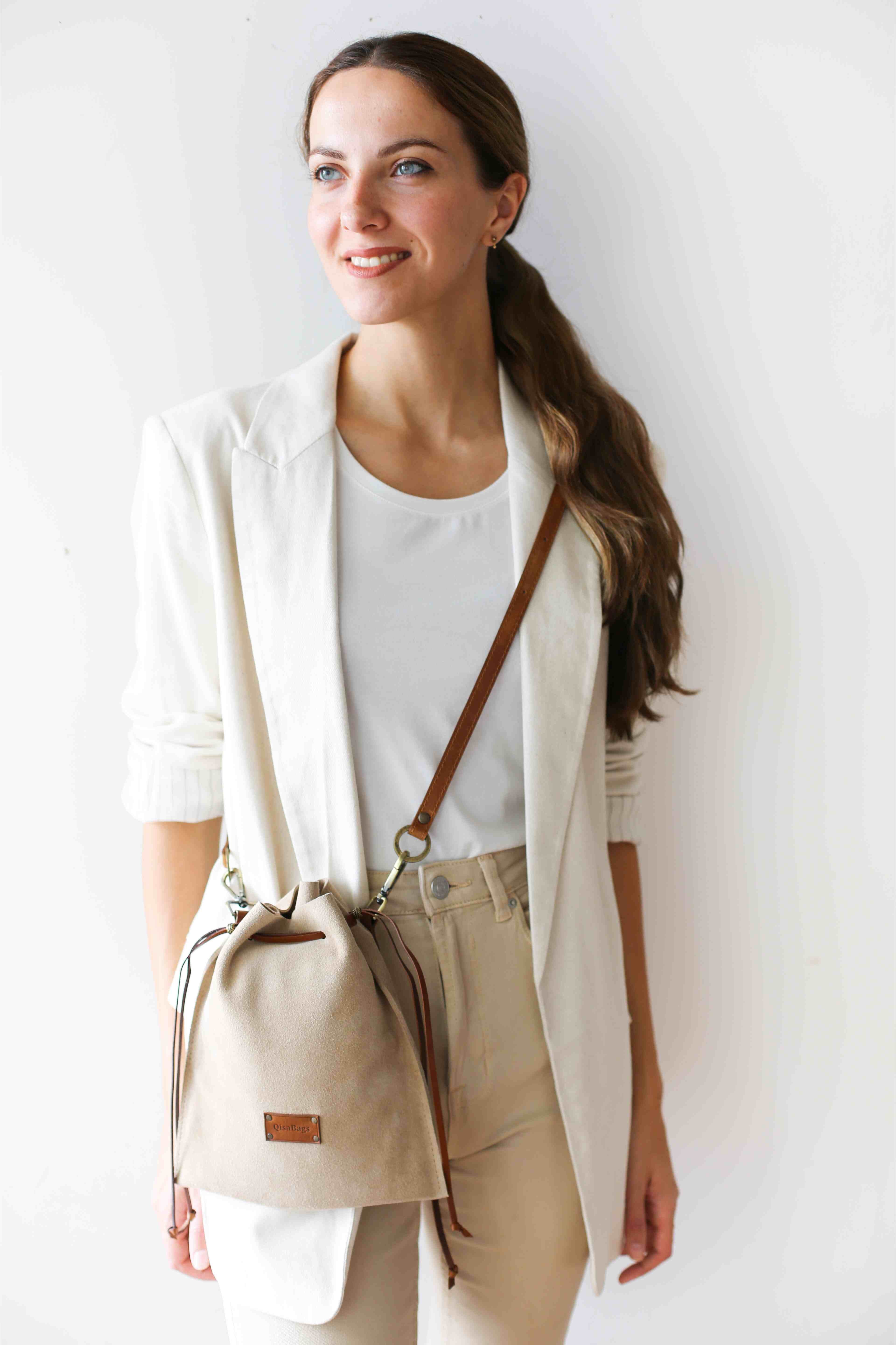 beige suede Cross Body Bag