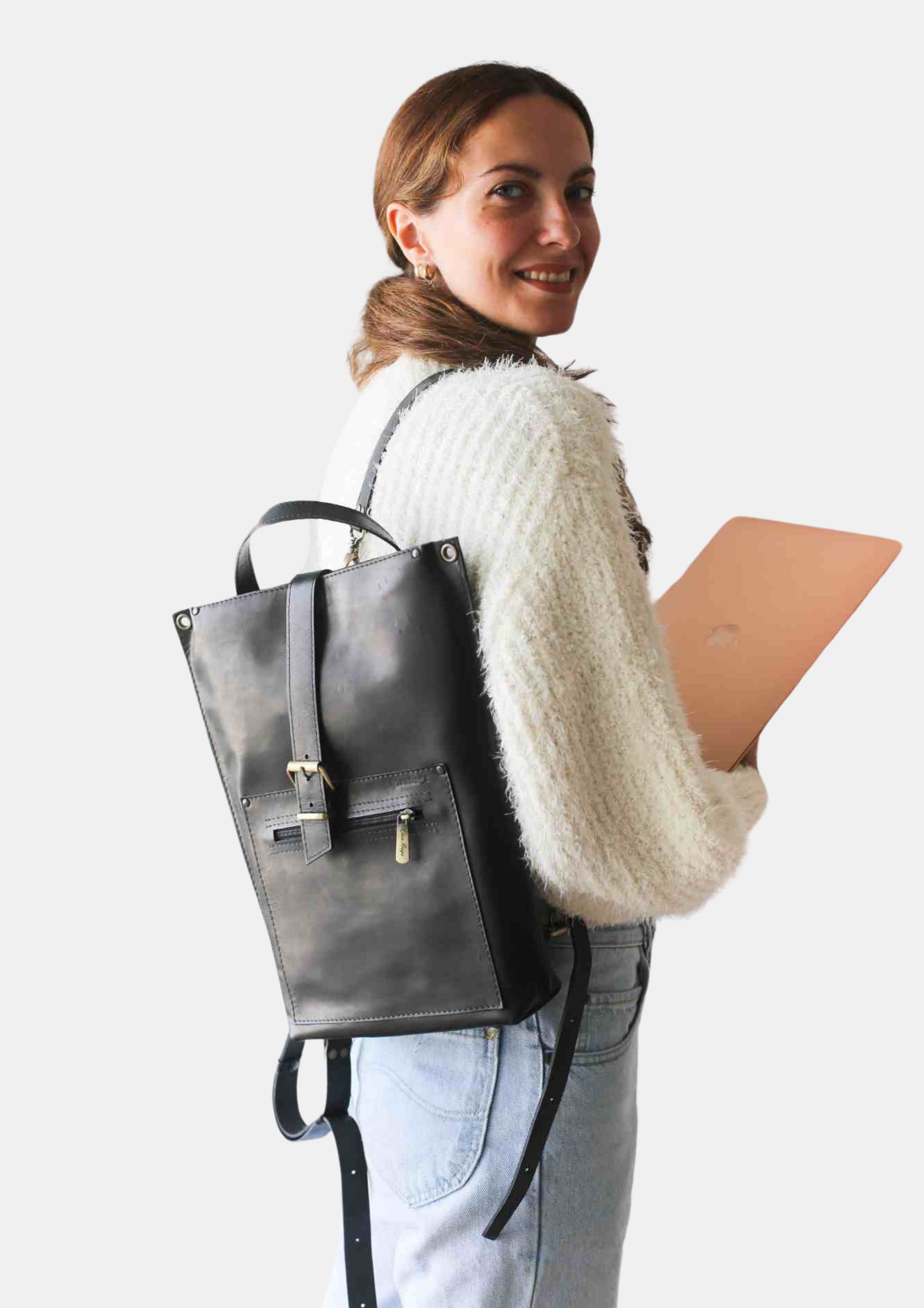 Black Leather Laptop Backpack for women