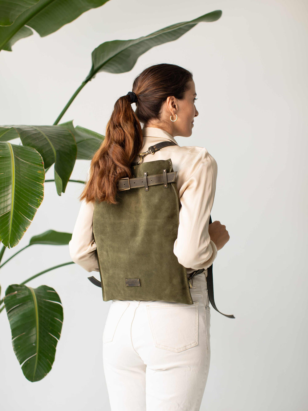 Handmade suede leather backpack purse in green