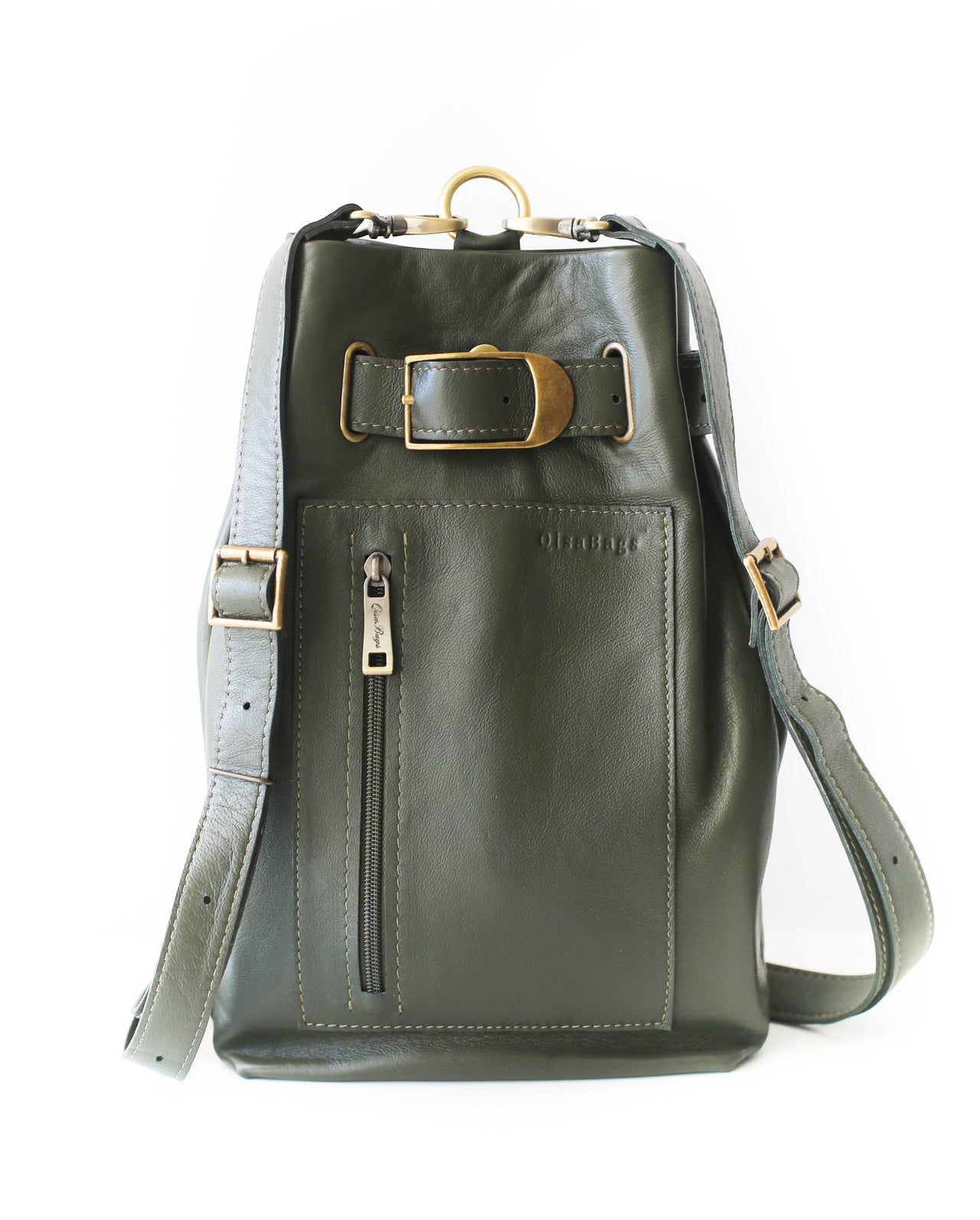 Green Leather Sling Backpack