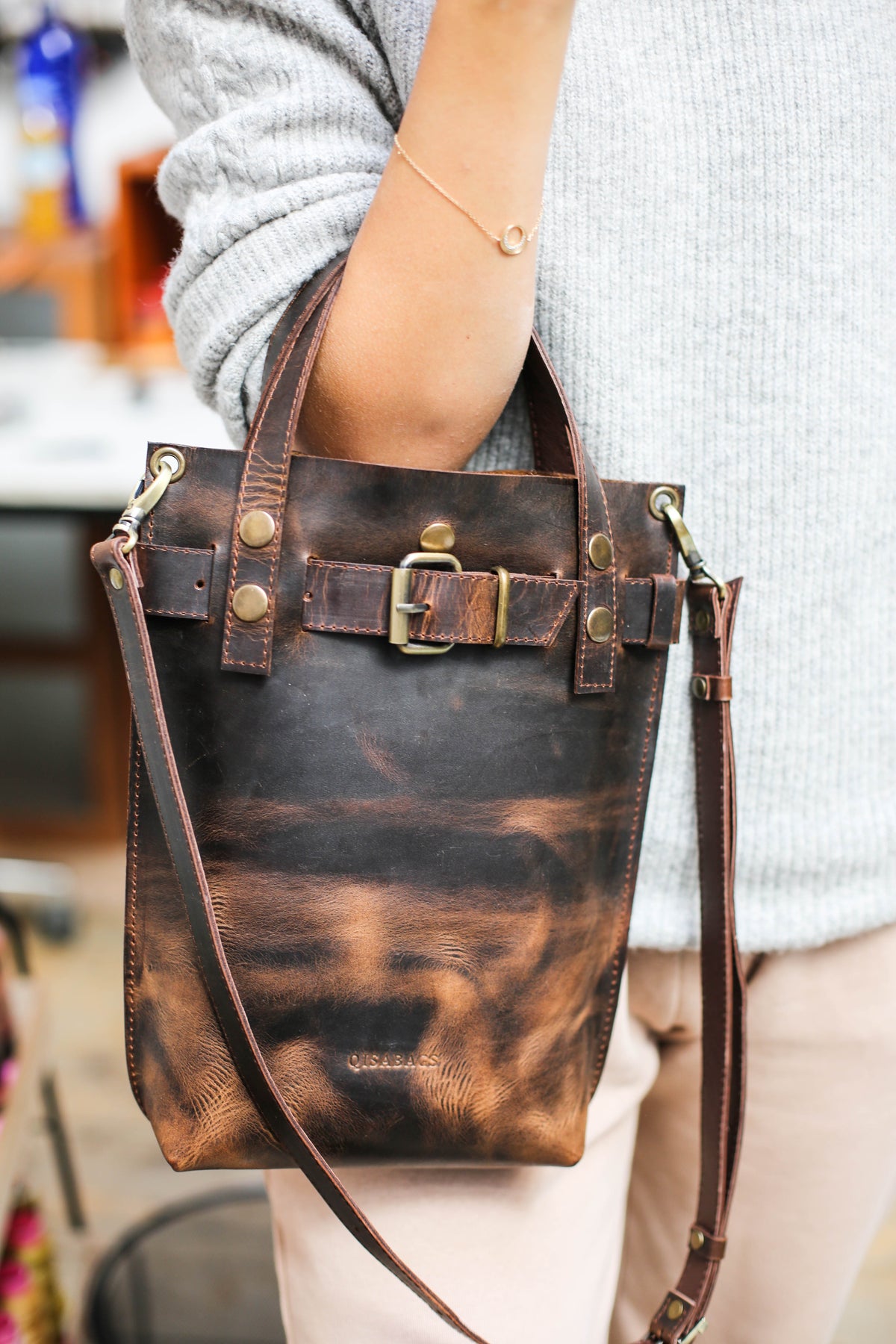 Dark Brown Leather Handbag with Handles