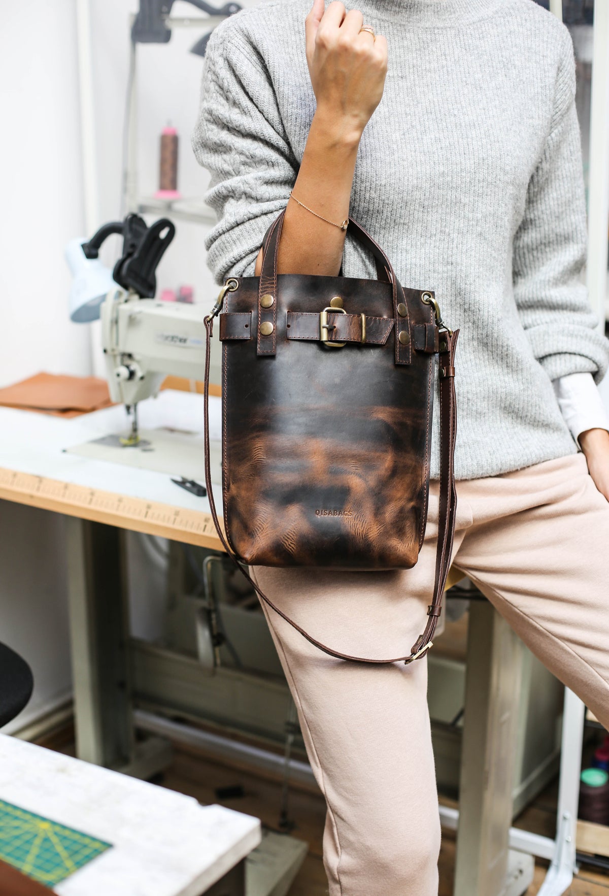 Dark Brown Leather Handbag with Handles