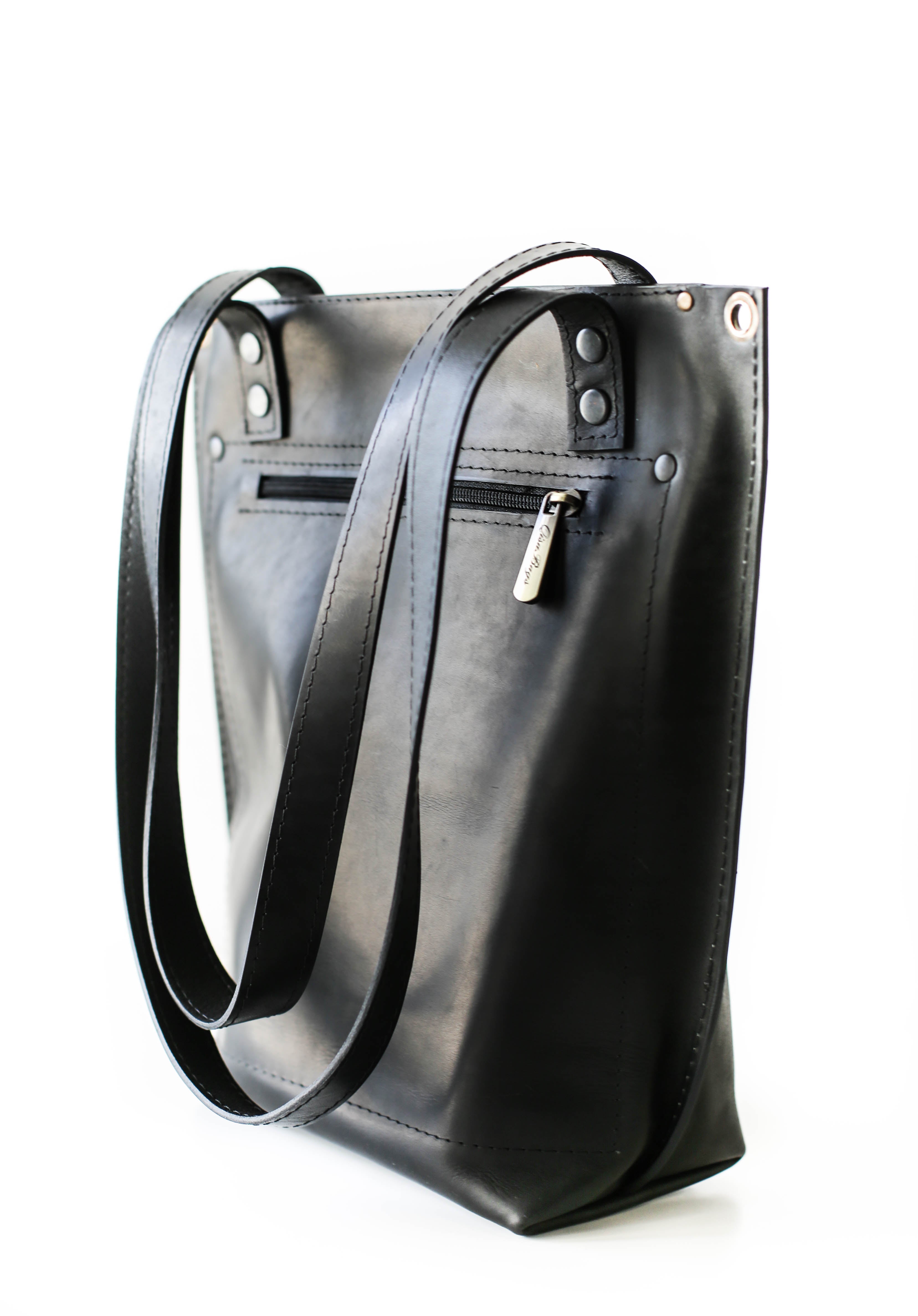 Black Zip Top Leather Tote Bag