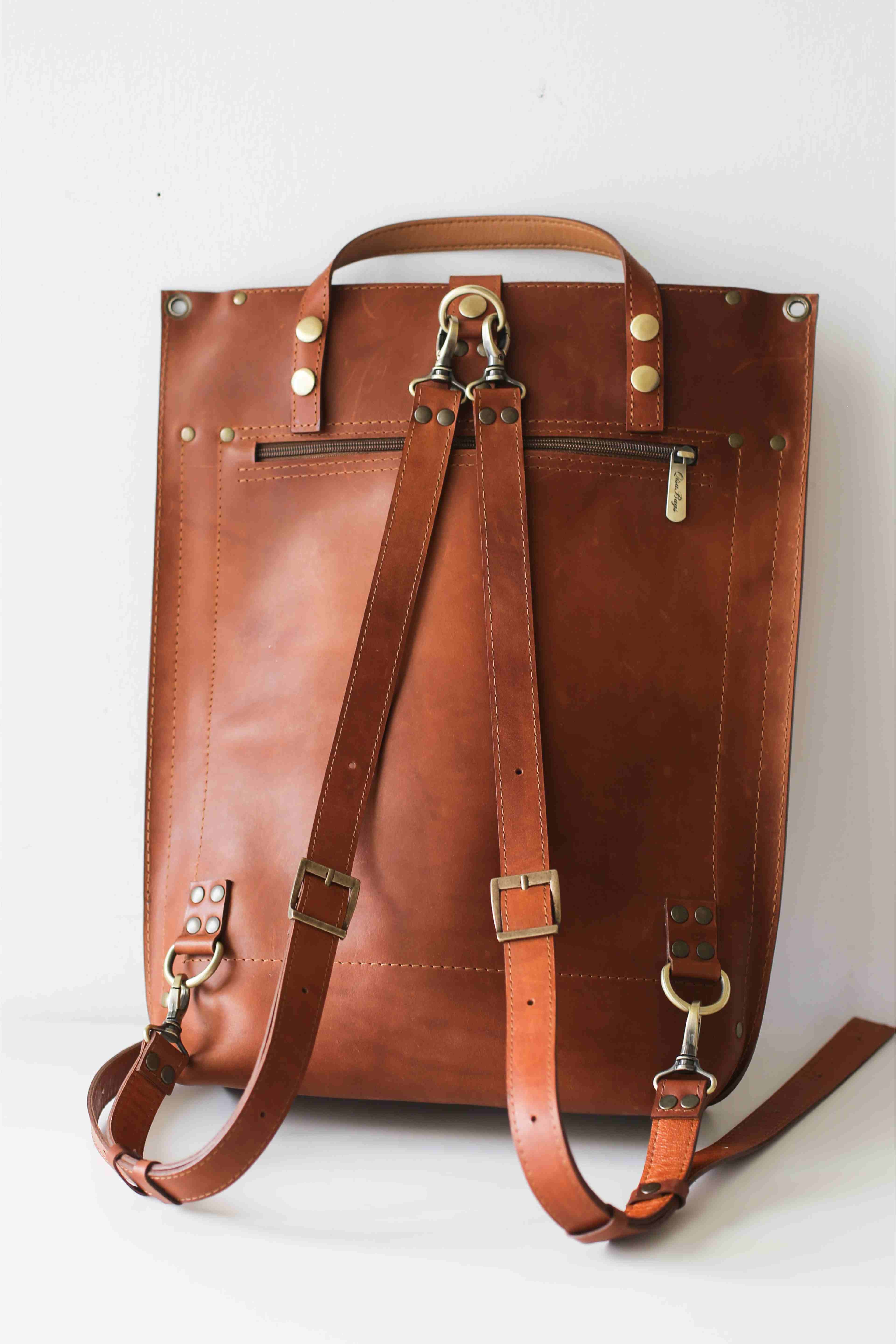 Brown Leather Laptop Backpack w/Zipper - Buckle Edition