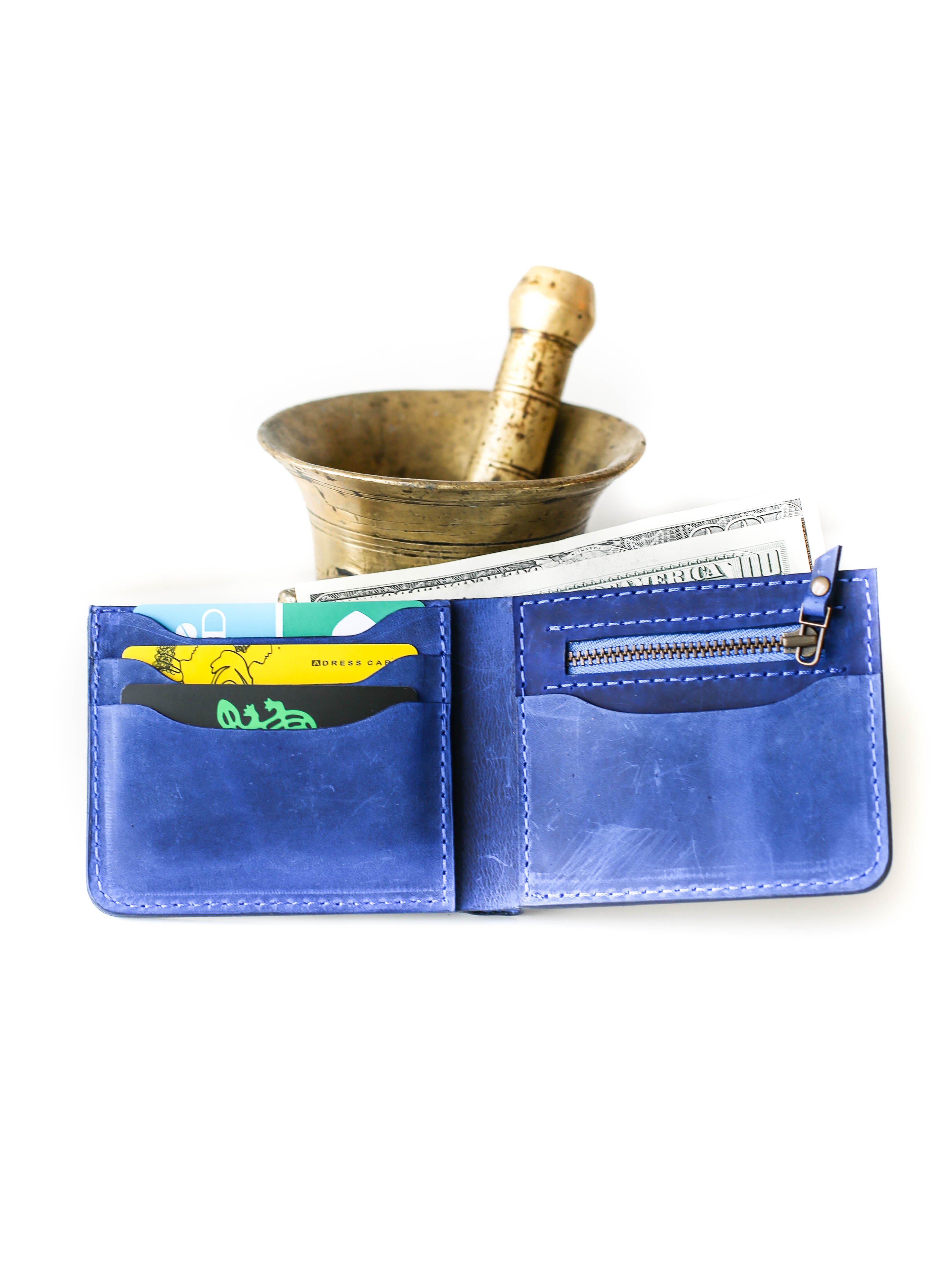 Italian blue leather bifold wallet