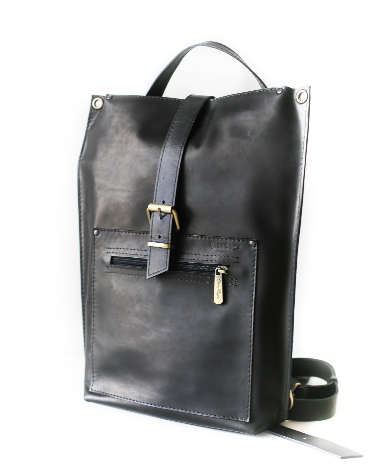 Black Leather Laptop Backpack w/Zipper - Buckle Edition