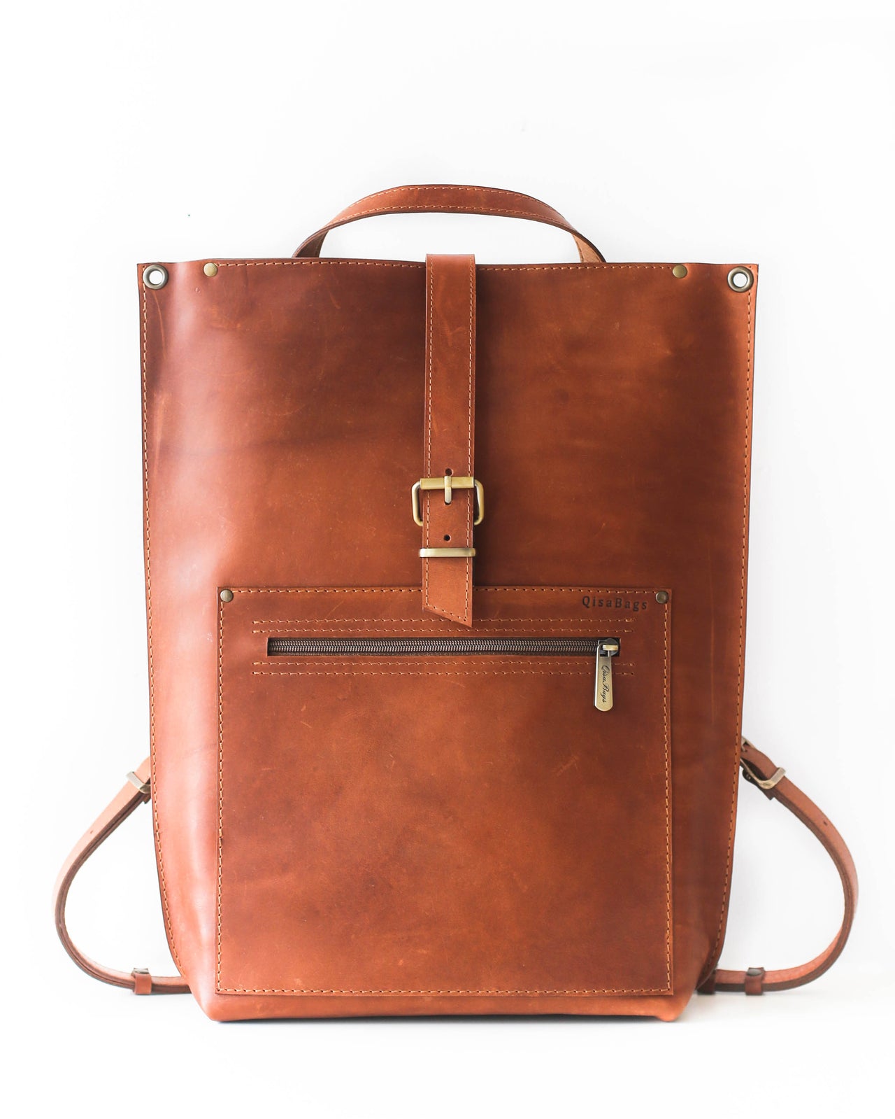 Brown Leather Laptop Backpack w/Zipper - Buckle Edition
