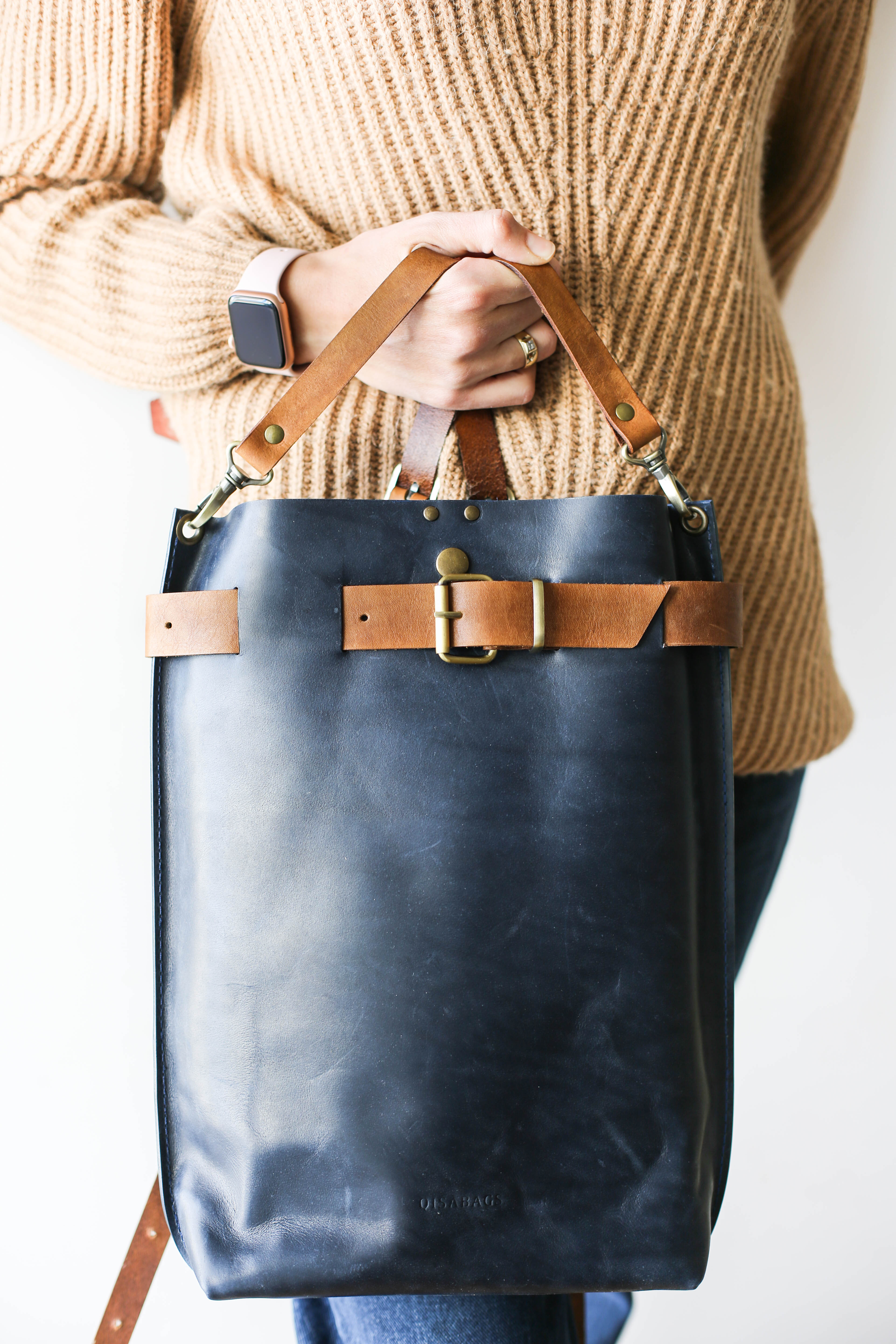 Navy Blue w/Brown Large Leather Backpack