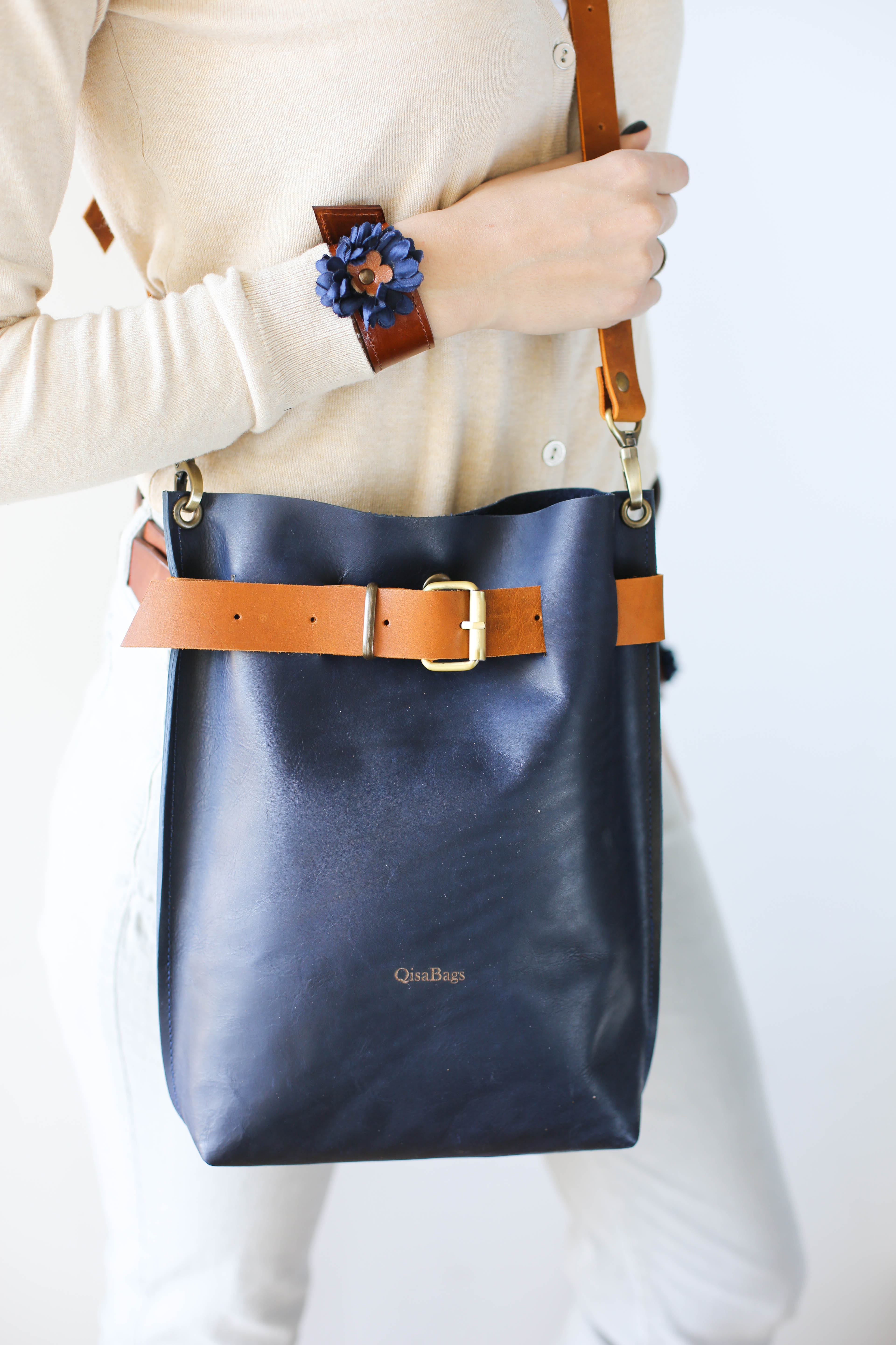 Blue leather crossbody bag